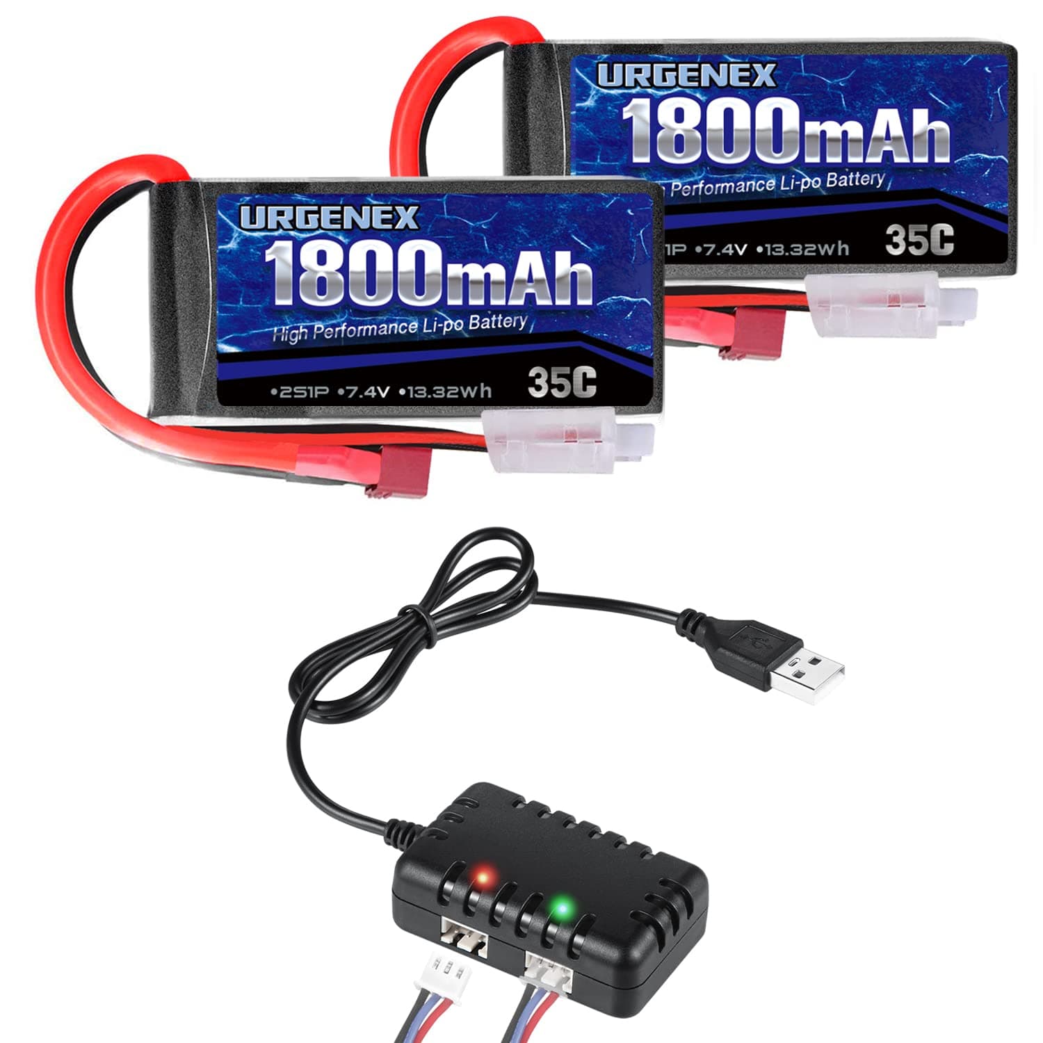 7.4V Lipo Battery 2S 35C 1800mAh Rechargeable RC Battery Pack with Deans T Plug Campatibal with Most 1/10, 1/16 Scale RC Cars Trucks and 7.4V 1to2 USB Lipo Battery Charger