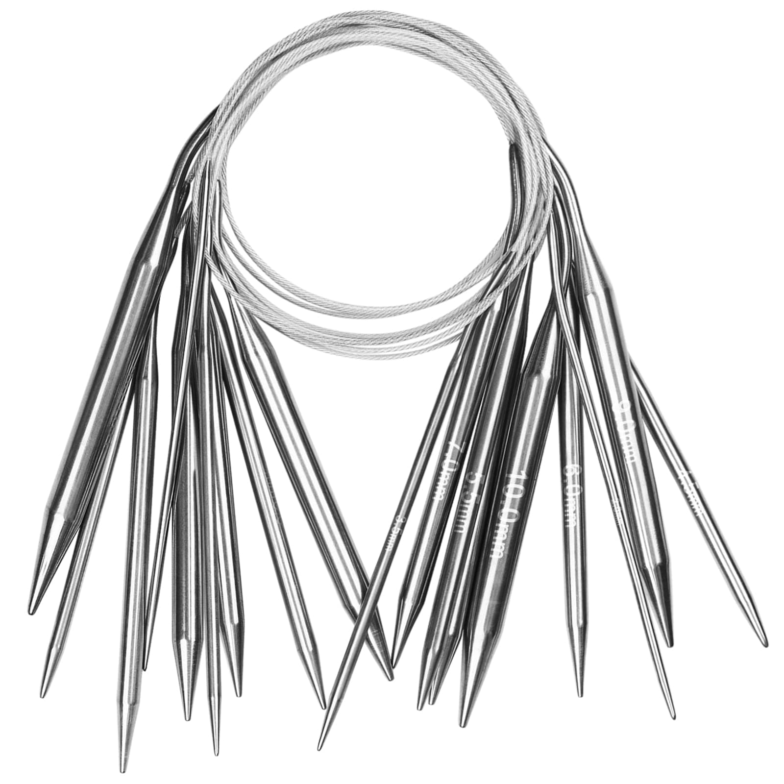 Aeelike 100cm Circular Knitting Needles Set, 9Pcs 2.5mm-10mm Stainless Steel Fixed Round Knitting Needles with Cable Wire, 40 inch Long Metal Circular Needles for Knitting Socks Hats Sweater Blanket