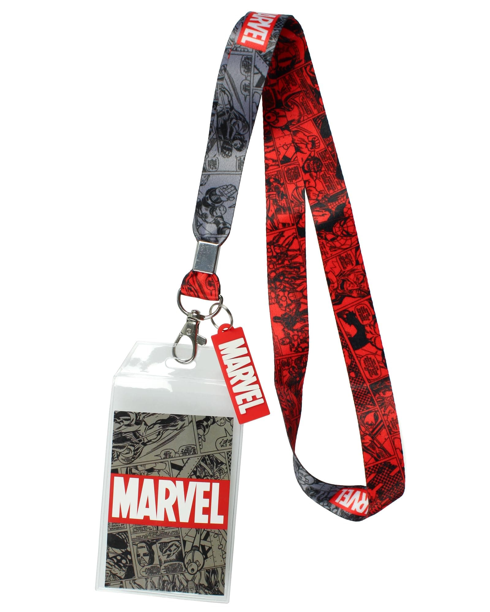 Bioworld Marvel Lanyard ID Badge Holder, 2" Rubber Charm Pendant With Raised Script And 2 Sided Vintage Comic Strip Pattern