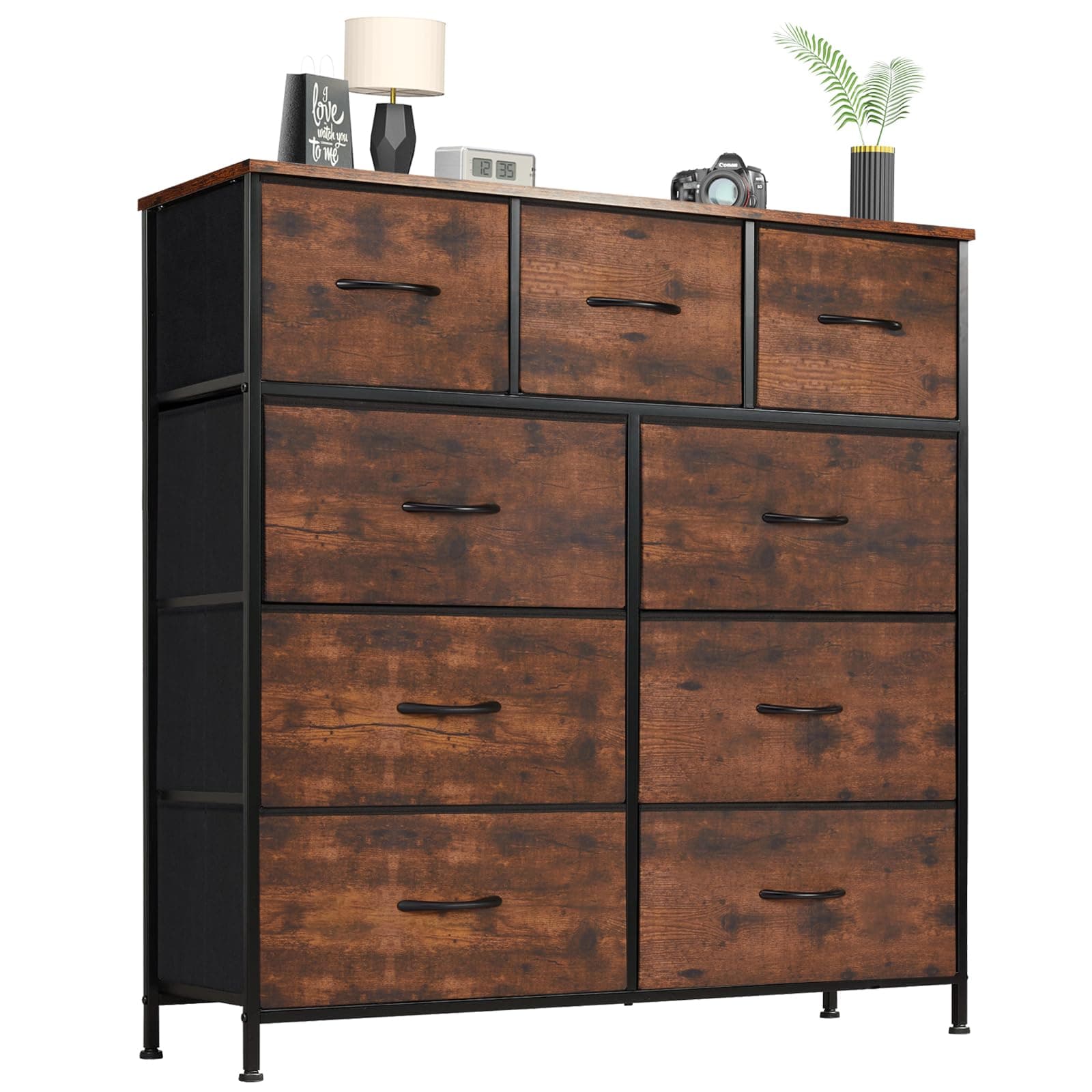 OLIXIS Dresser for Bedroom, Drawer Dresser Organizer Storage Fabric Storage Tower, Chest of Drawers with 9 Easy Pull Fabric Bins, Steel Frame, Wood Top for Living Room, Closet, Entryway, Hallway