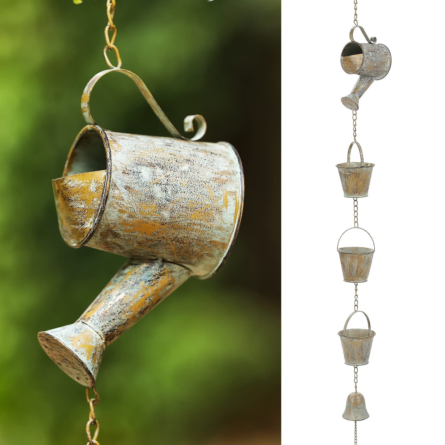 Jemeni 47" Outdoor Rain Chime & Garden Rain Bell Chime - Decorative Hanging Metal Watering Can with Buckets, Rustic Farmhouse Patio, Pergola & Backyard Decor