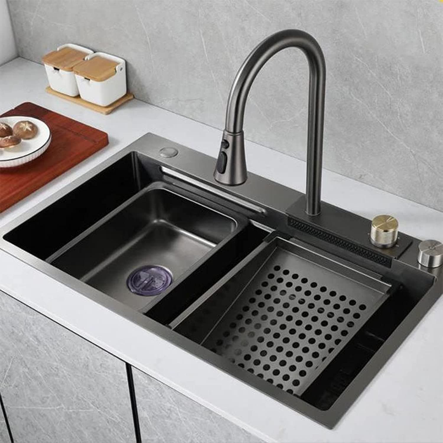 New Stainless Steel Waterfall Kitchen Sink 30"x 18" Kitchen Sink Workstation Ledge (Dark grey)