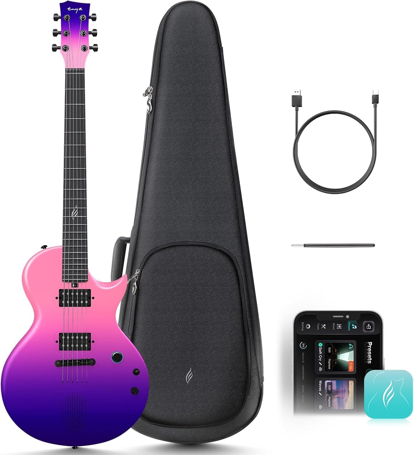 Enya Nova Go Sonic Electric Guitar - Black Carbon Fiber Smart Electric Guitar with 10W Wireless Speaker, Integrated Presets, Charging Cable, Adjuster Key and Gigbag