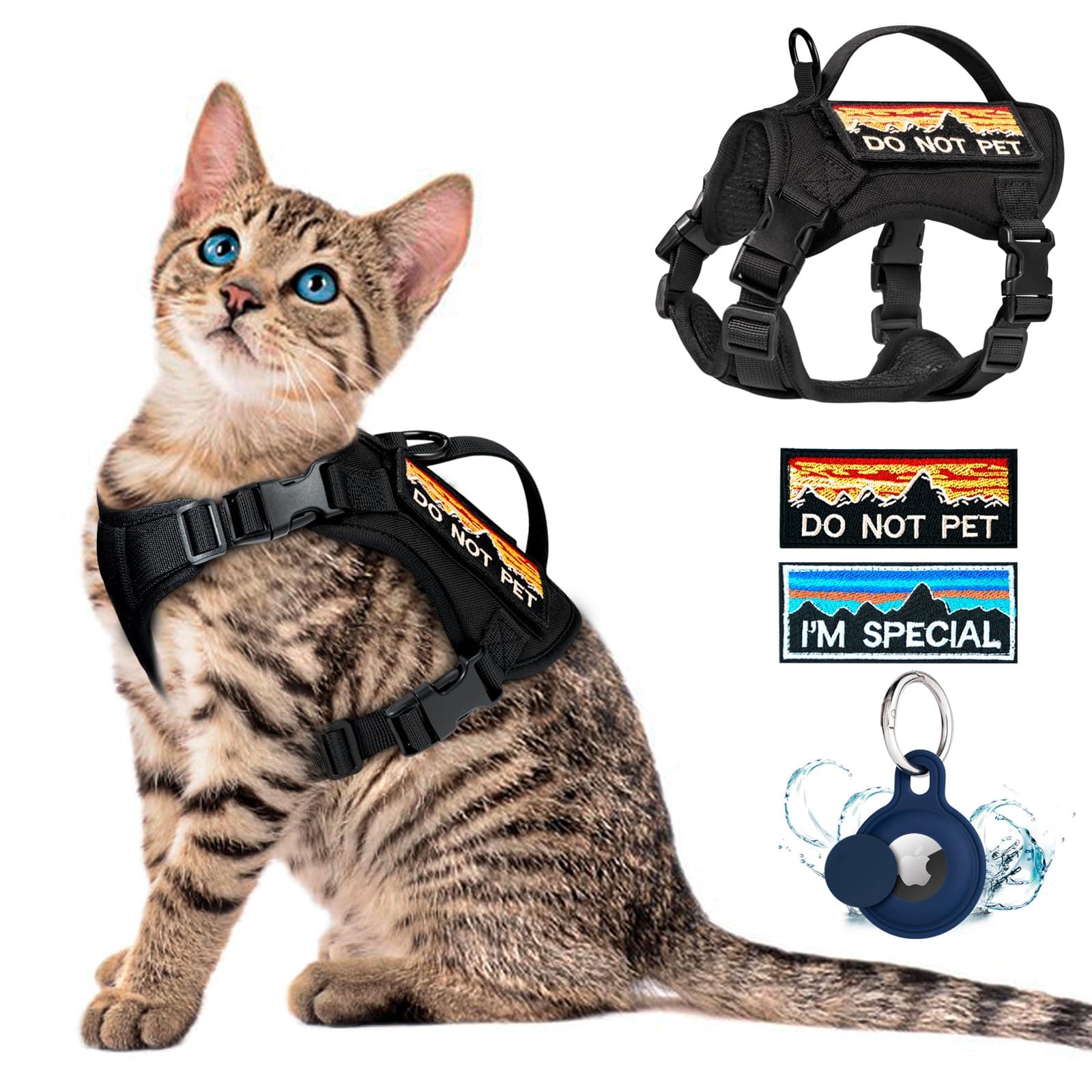 Tactical Cat Harness for Walking, Adjustable Escape Proof Pet Vest for Large Cat,Easy Control Breathable Cat Vest with Handle,Molle Patches (Black, L)