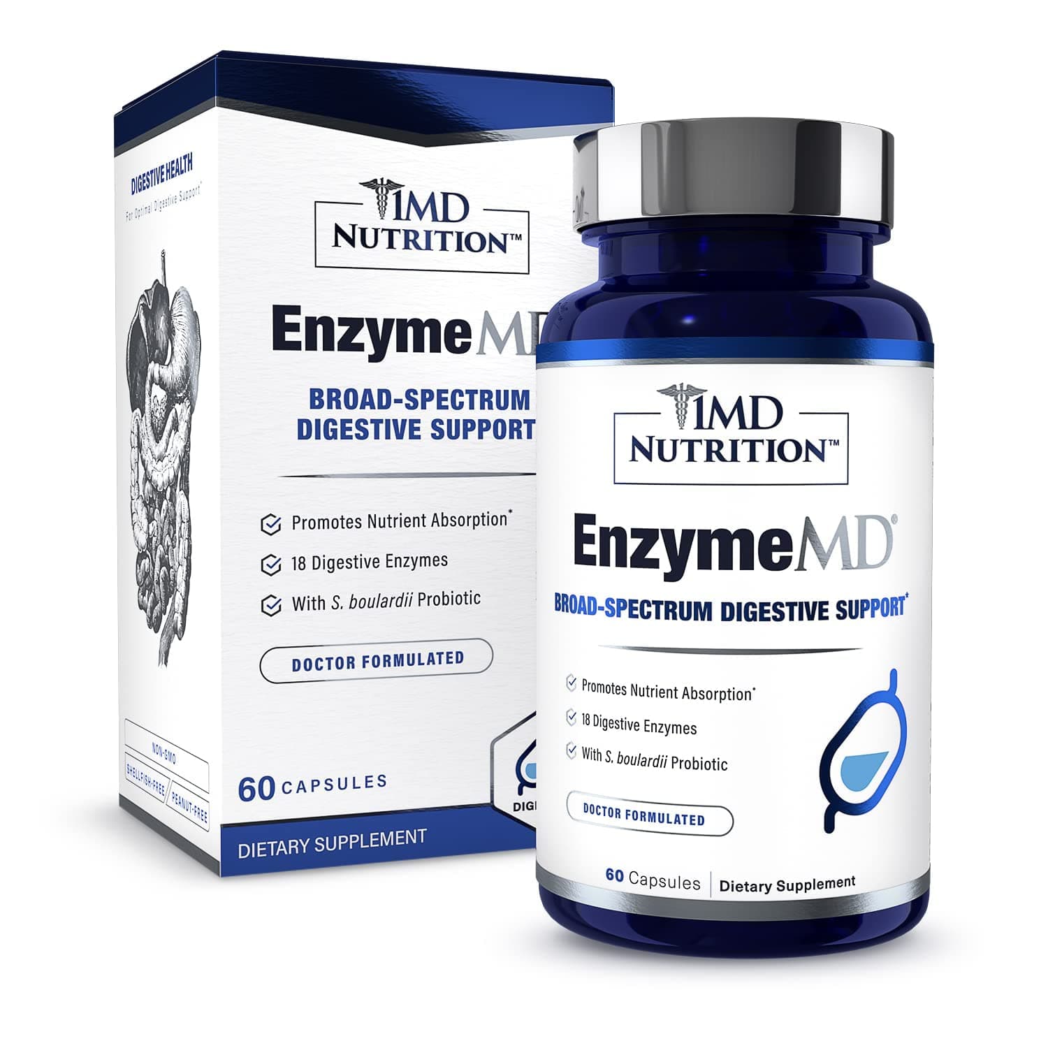 EnzymeMD - Digestive Enzymes Supplement - Doctor Formulated | 18 Plant-Based Enzymes - Gas & Bloating Support | 60 Capsules