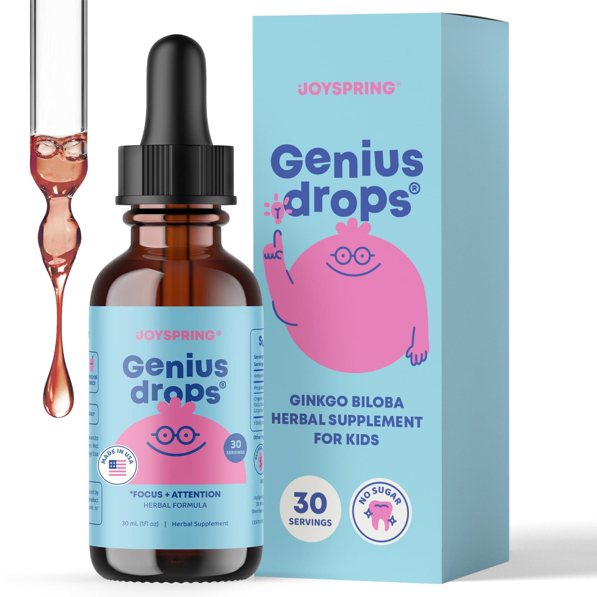 Genius Drops for Kids | Clinically Proven Focus Supplement | Liquid Herbal Focus Supplement with Ginkgo Biloba for Kids (1 fl oz) 30 Servings