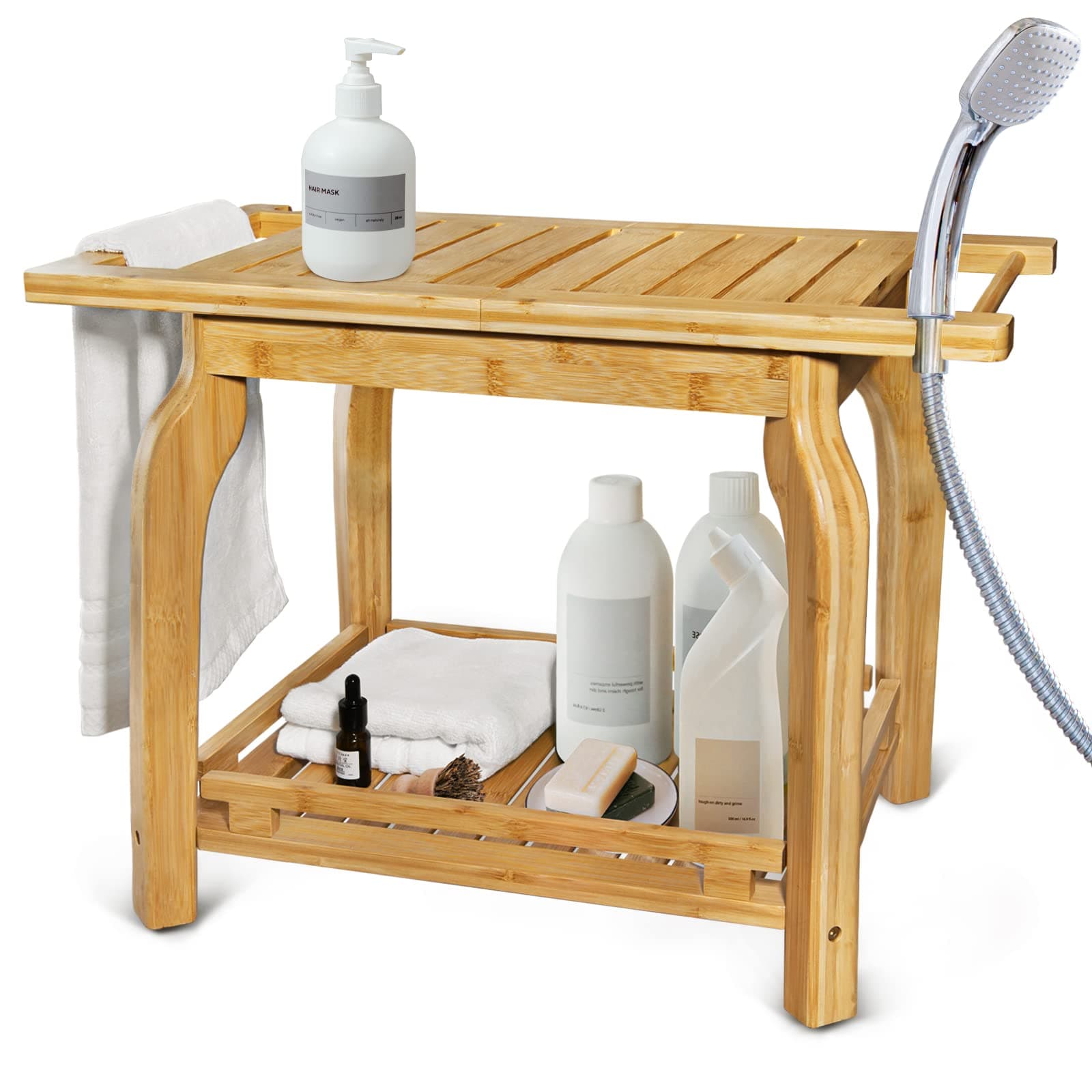 2-Tier Bamboo Shower Bench for Inside Shower Shaving Legs, 16 Inch Waterproof Bathroom Bench Shower Stool with Storage Shelf, Safe & Stable for Seniors Adults Disabled Women