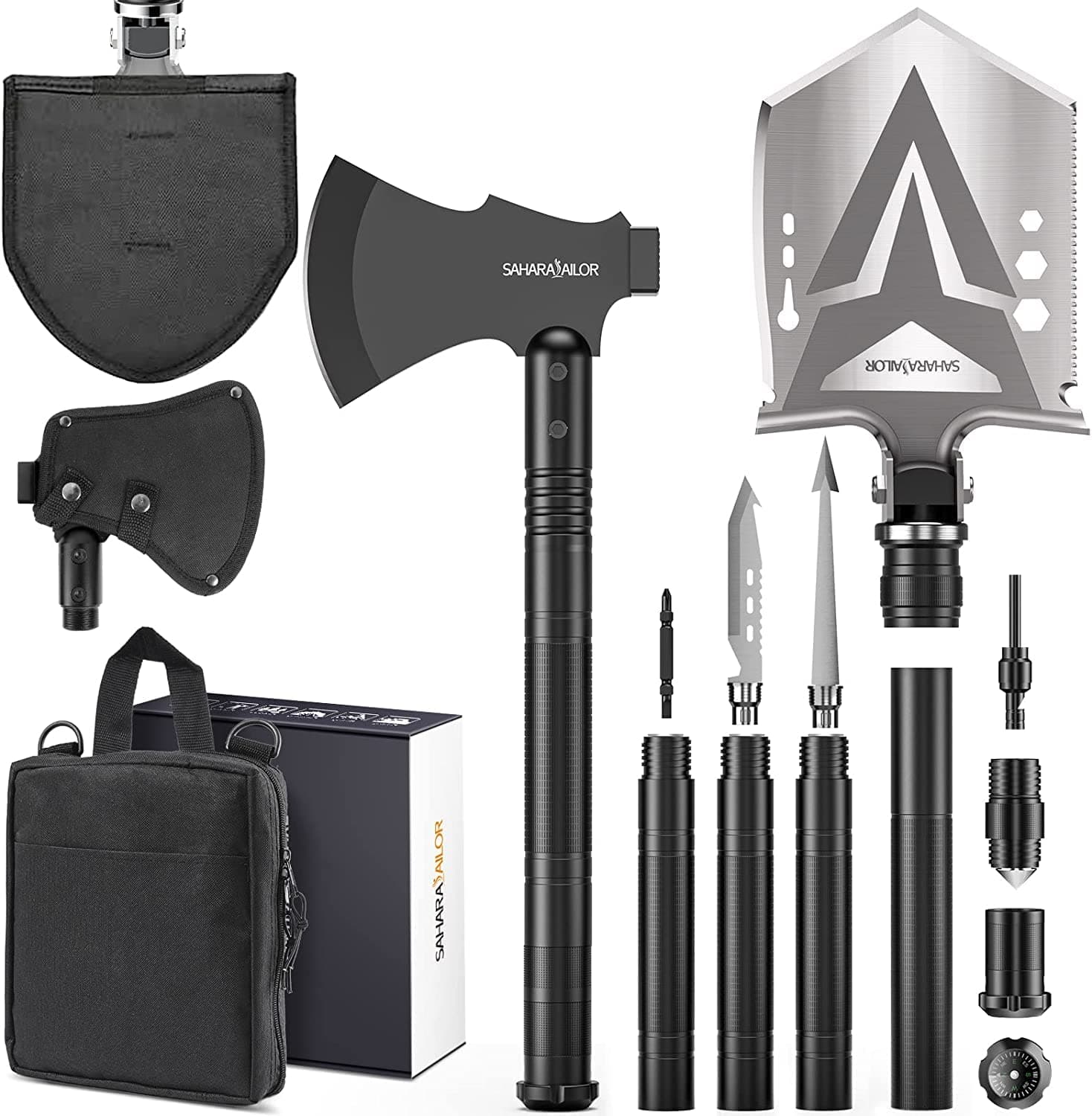 Sahara Sailor Survival Axe, Camping Folding Shovel with Hatchet with Large Shovel Head and 1.6-3.1 Ft Extented Handles, High Carbon Steel Survival Gear Equipment, Storage Bag Included