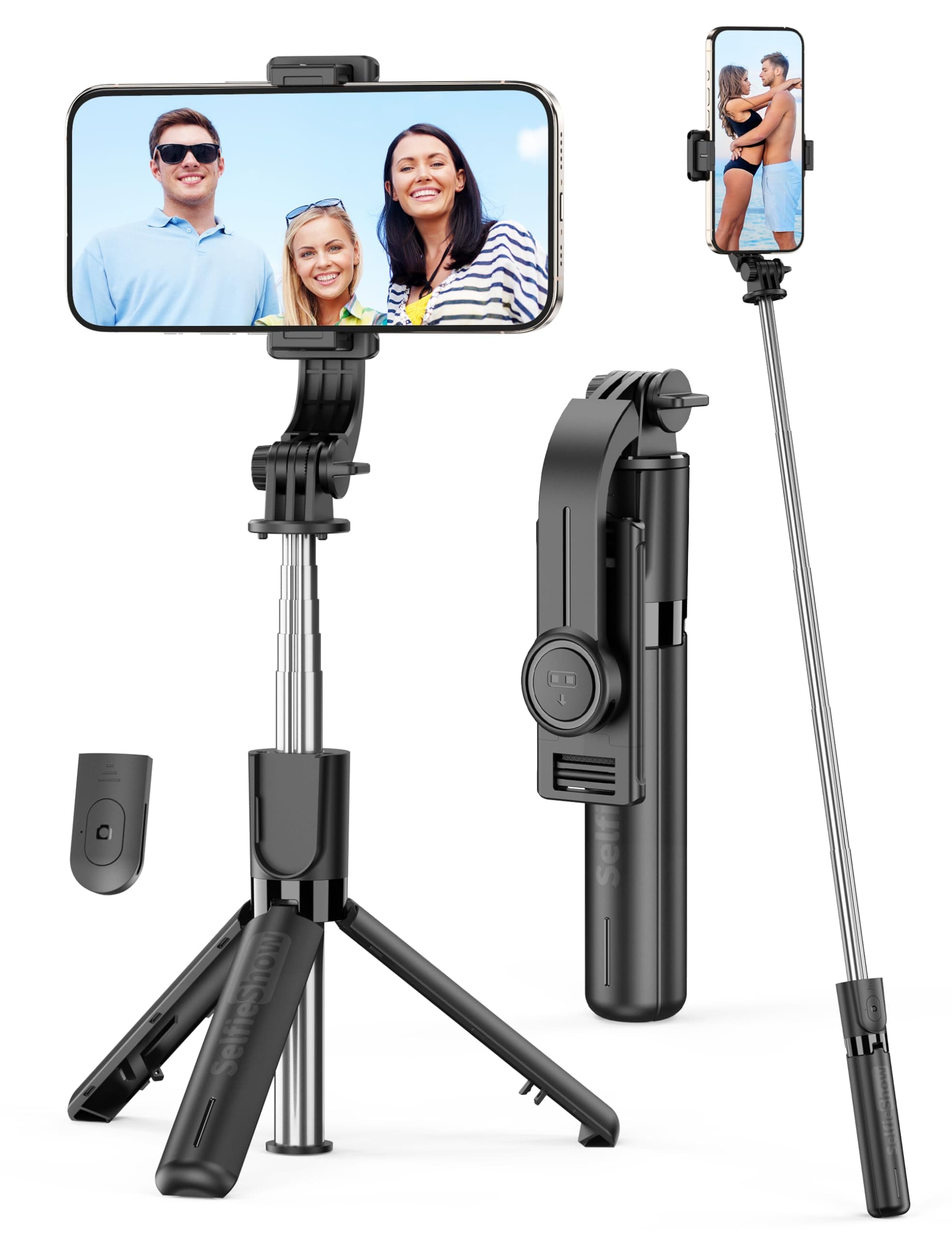 Portable Selfie Stick, 4 in 1 Extendable Phone Tripod Stand with Detachable Wireless Remote & Phone Holder 360° Rotating Mini Travel Tripod Compatible with iPhone 16/15/14/13 Pro/Android/Gopro