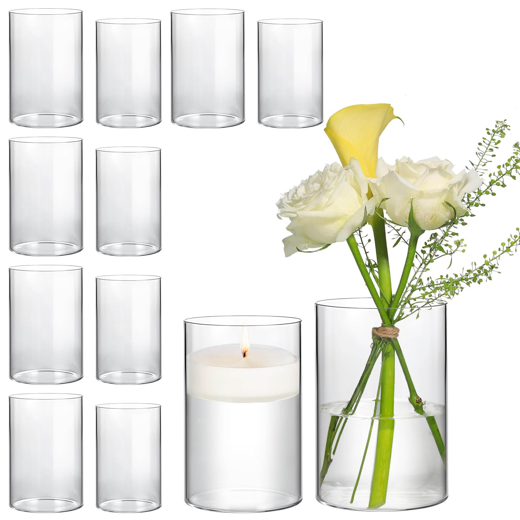 ComSaf Glass Cylinder Vases Pack of 12, Clear Bud Vases for Centerpieces Wedding Decoration, 5.5 inch 6 Inch Tall Clear Flower Vases, Hurricane Candle Holder for Party Home Decor