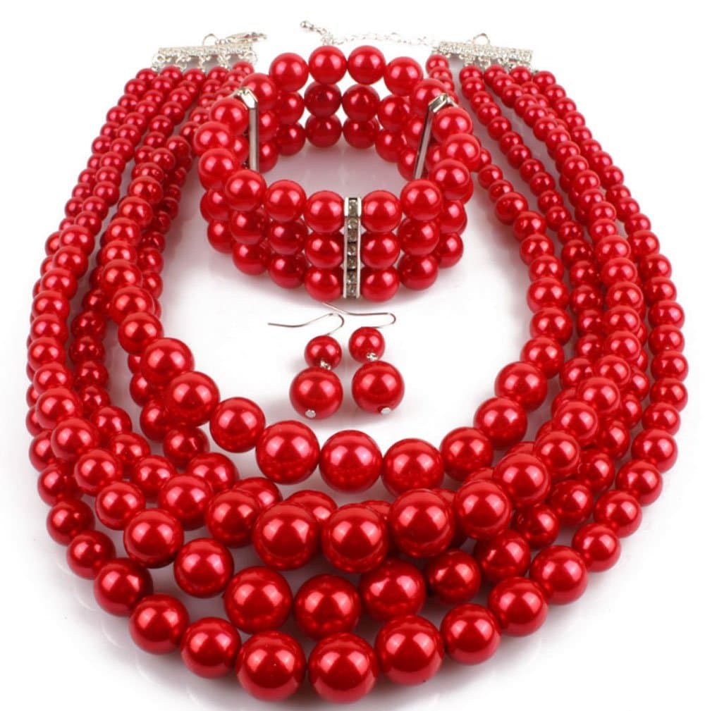ShinelandElegant Multilayers Simulated Pearl Strand Cluster Collar Bib Choker Costume Jewelry Sets (Red)