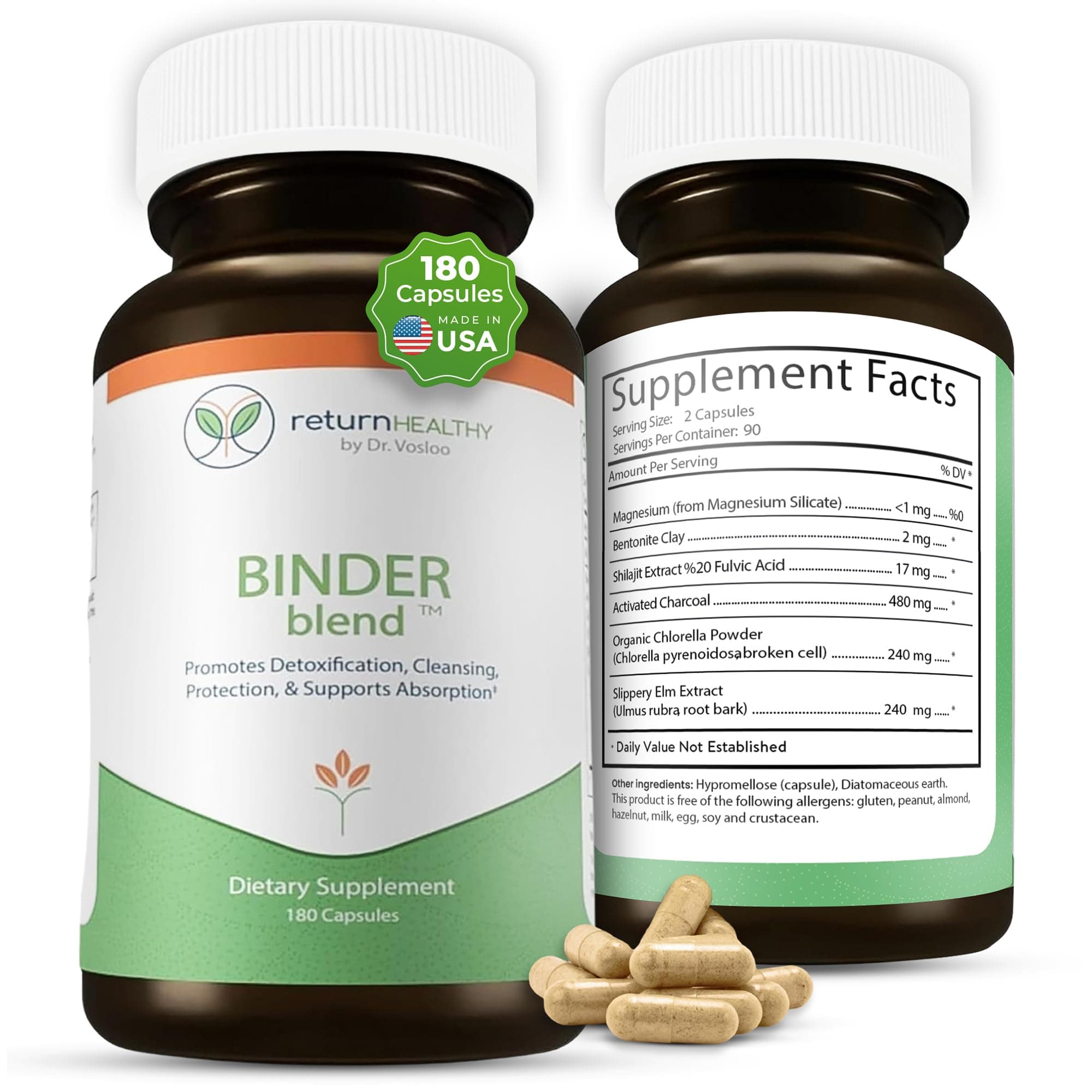 Binder Blend - Toxin Binder Supplement, Detox Capsules for a Healthy Gut - 180 Capsules - 90 Servings - 960mg Activated Charcoal & 480mg Organic Chlorella - Bloating Relief - Bentonite Clay
