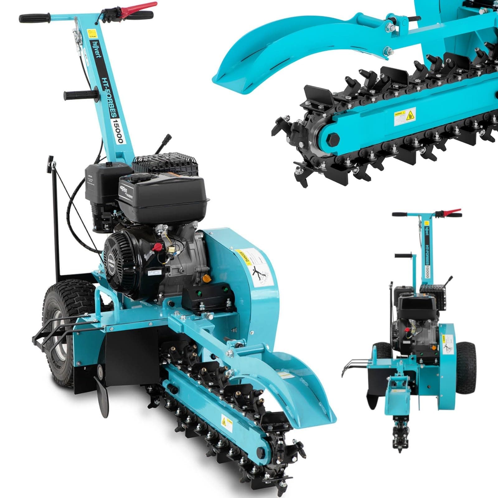 hillvert HT-FORBES-15000 Trencher Trench Cutter 15hp 60m/h Trench Digger Trenching Machine (Engine 15hp, 4-Stroke Petrol, Fuel Tank 3.6L, Manual Start)