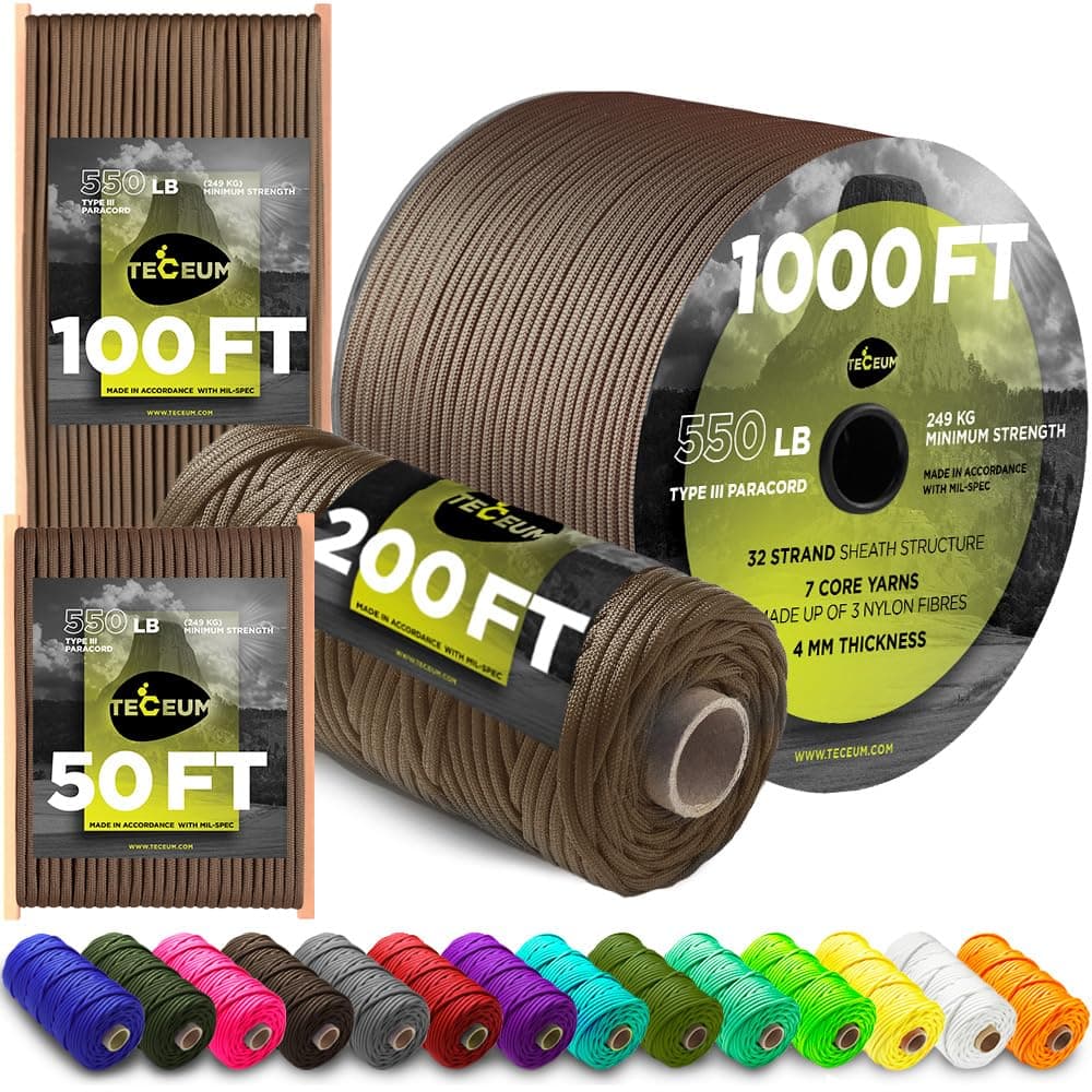 5/32" Paracord Rope 1000 – 1000ft / 200ft / 100ft / 50ft – Tactical Parachute Cord 4mm – 45+ Colors – Nylon String for Survival & Camping Gear – Stripe Cord for Survival – Utility Rope
