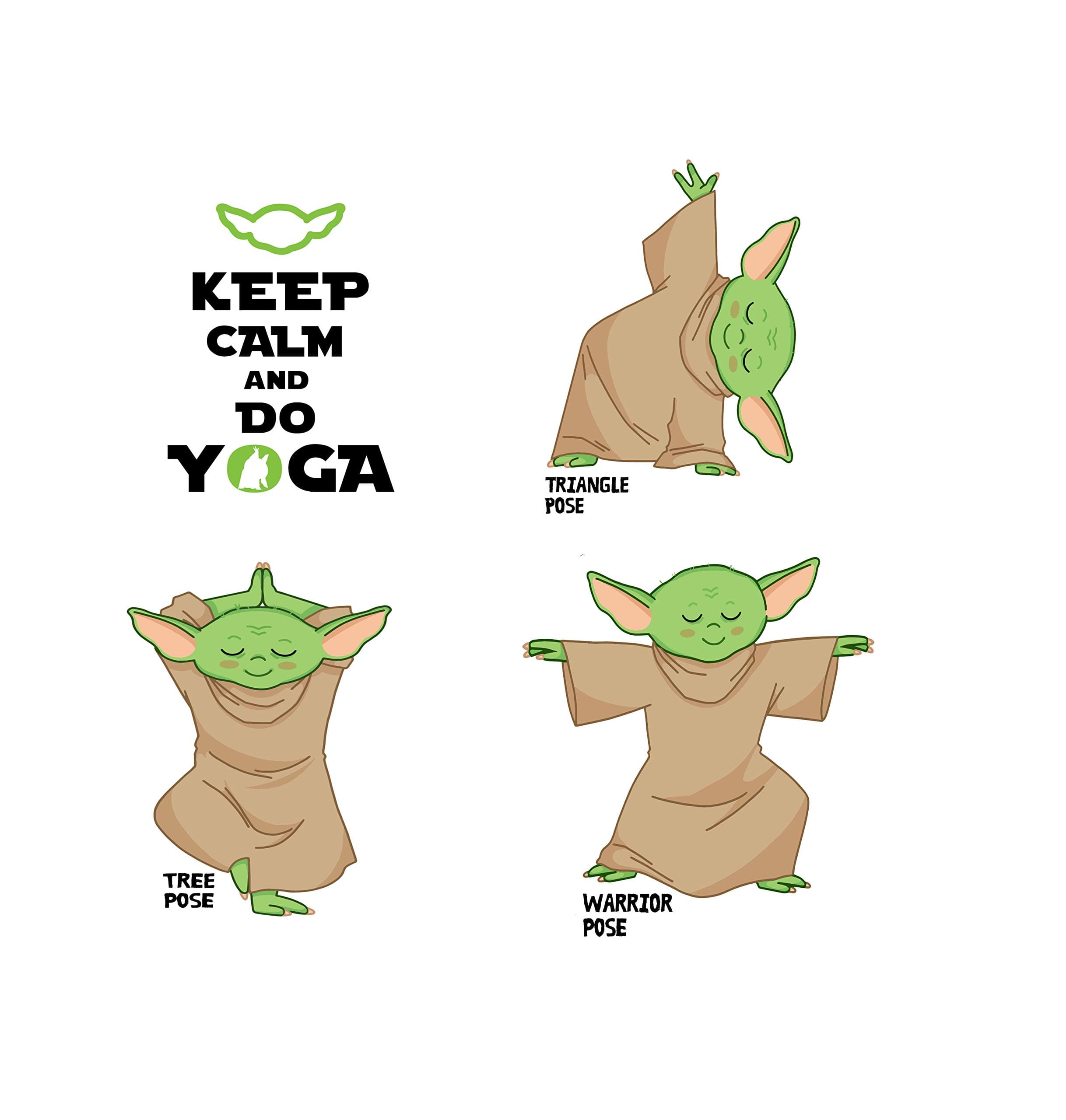 2OWLS Super Cute Baby Yoda Yoga Stickers Set of 4( Three Yoda Yogi poses 2.5 Inches Tall) and one (2.5 Inches Tall)Keep Calm and DO YOGA Star Wars Text Vinyl Decal for Bumper Cars Locker Truck Vehicle Windows Laptops Hydro Bottles and more.