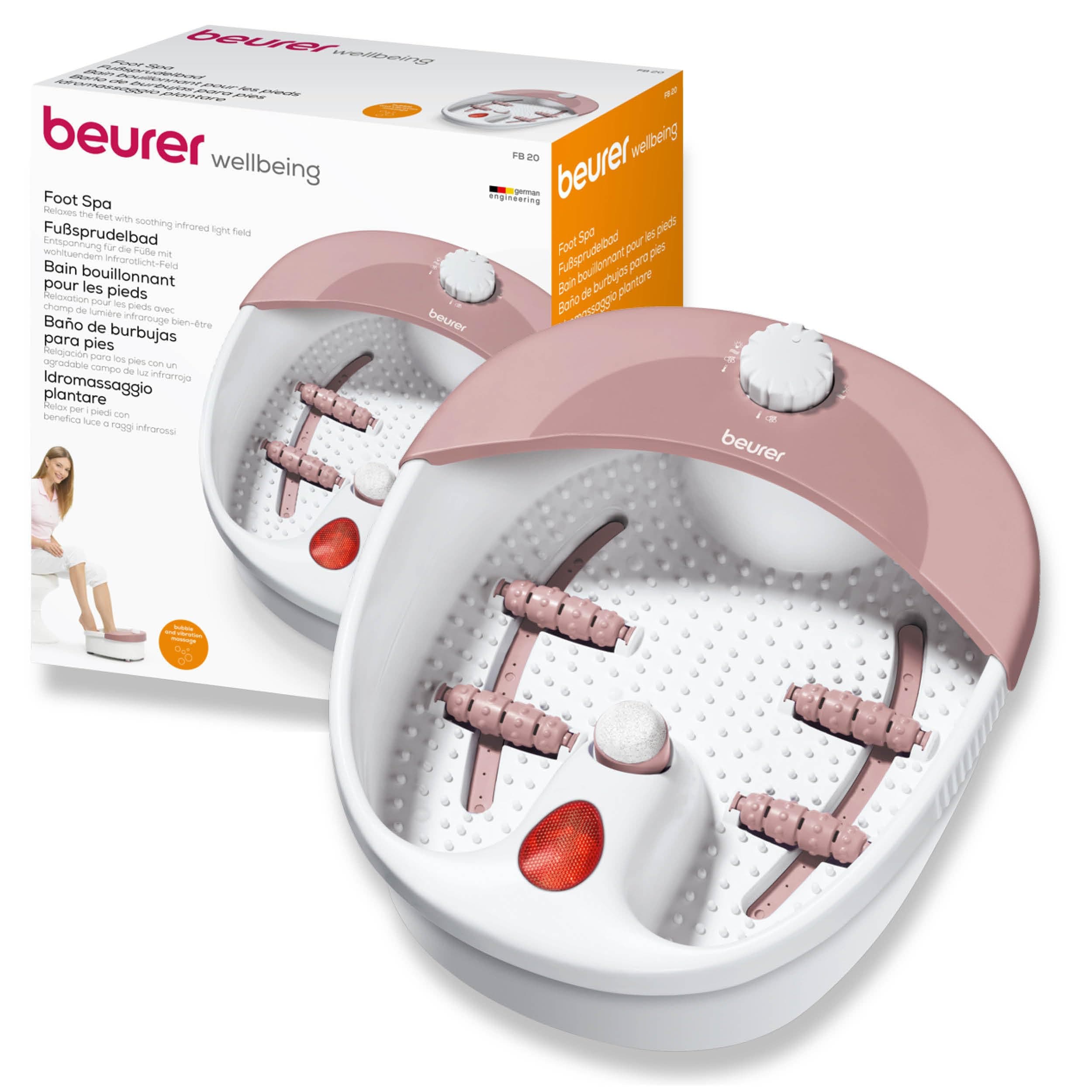 Beurer FB20 Foot Spa | Vibration and Bubble Massage Functions | Infrared Light Function | Reflexology Zone Massage | 3 Pedicure Attachments | Removable Splash Guard | Water Tempering