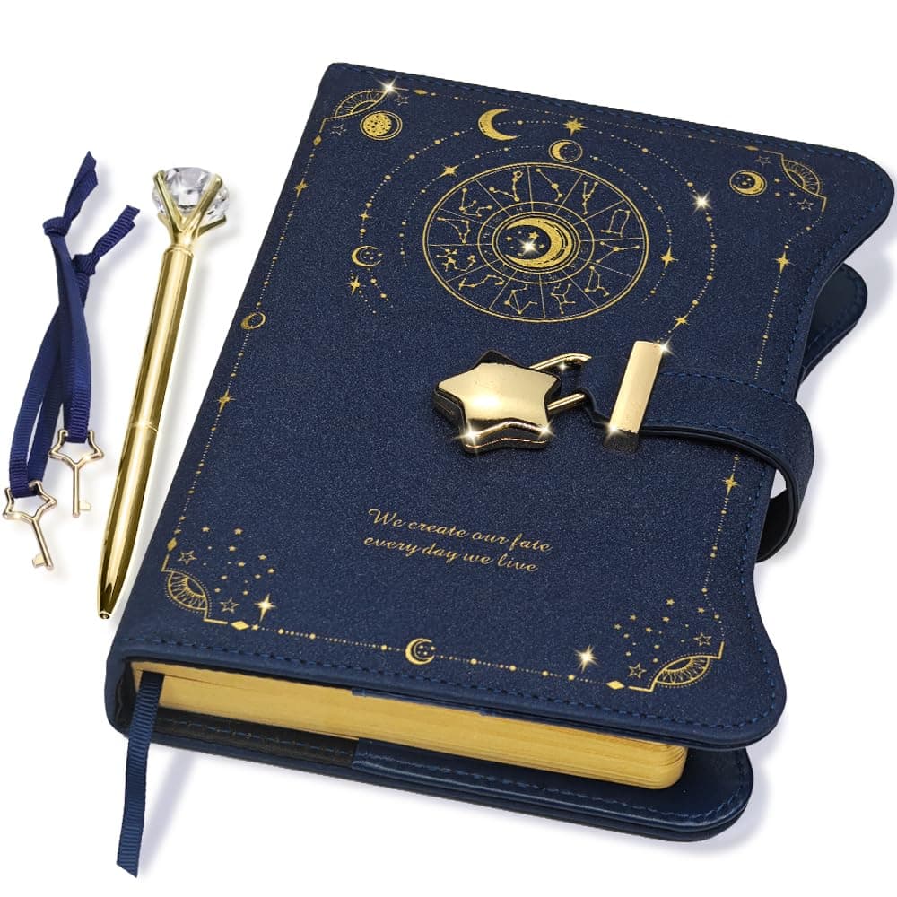 Diary with Lock and Keys for Girls Gift Ideas, 360 Kraft Pages Journal for Women, B6 Refillable Notebook for Writing with Pen and Bookmark (Astro Blue)