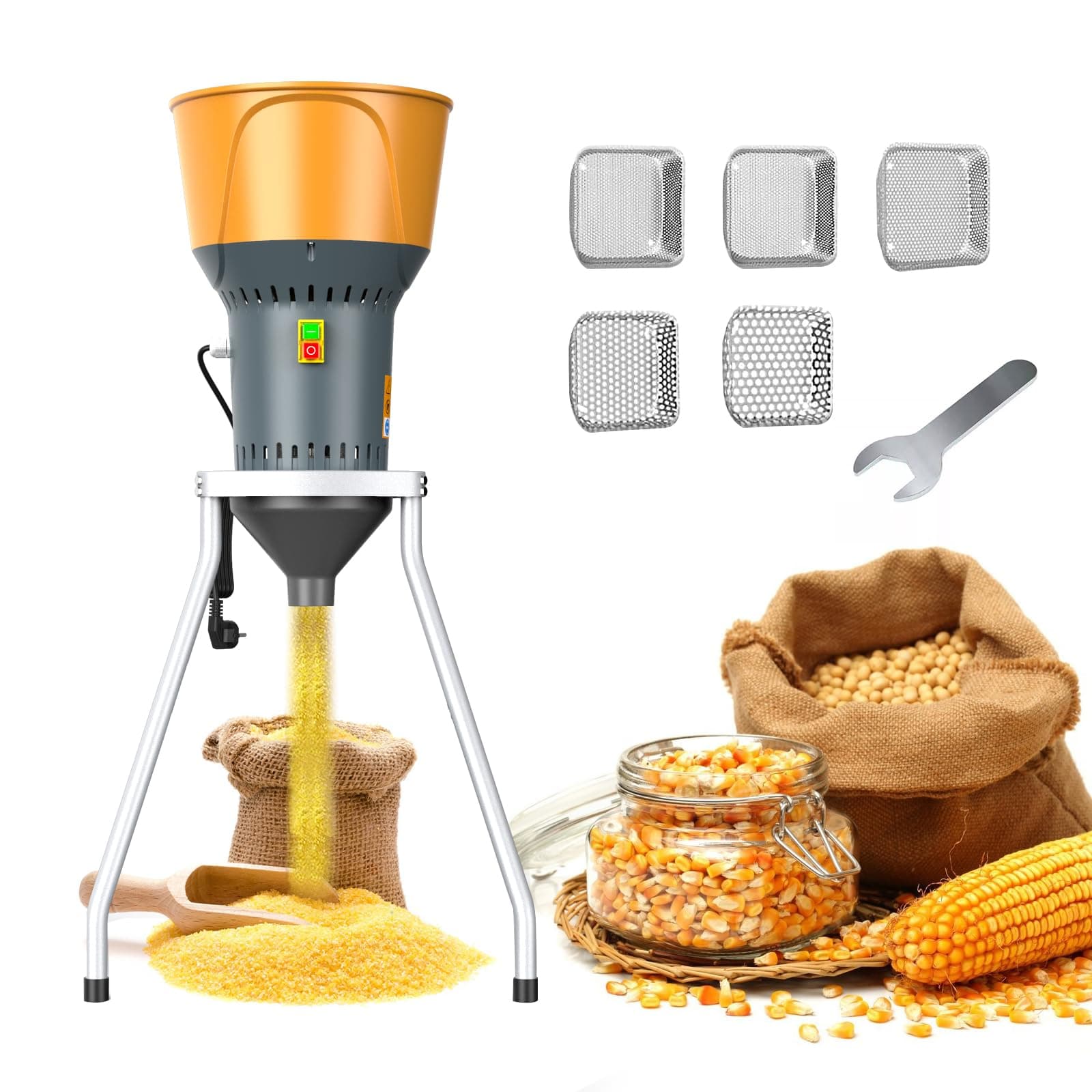 Demine Grain Mill Grinder Electric Corn Grinder, 50L/13.2Gal Dry Cereals Grinder with 5 Sieves + 1 Wrench, 1300W Wheat Mill Grinder for Home Farm, Detachable Extra Large Capacity Hopper & Tripod