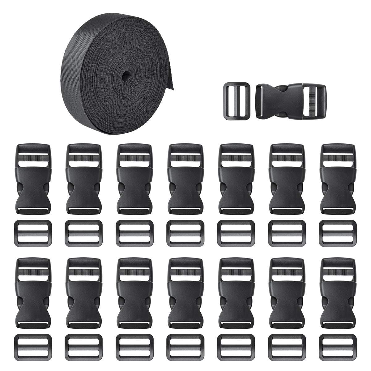 Hotgod 15 Set Black Plastic 1 Inch Flat Side Release Buckles and Tri-Glide Slides with 1 Roll 1Inch Wide 11 Yards Nylon Webbing Straps for DIY Making Luggage Strap Pet Collar Backpack Repairing