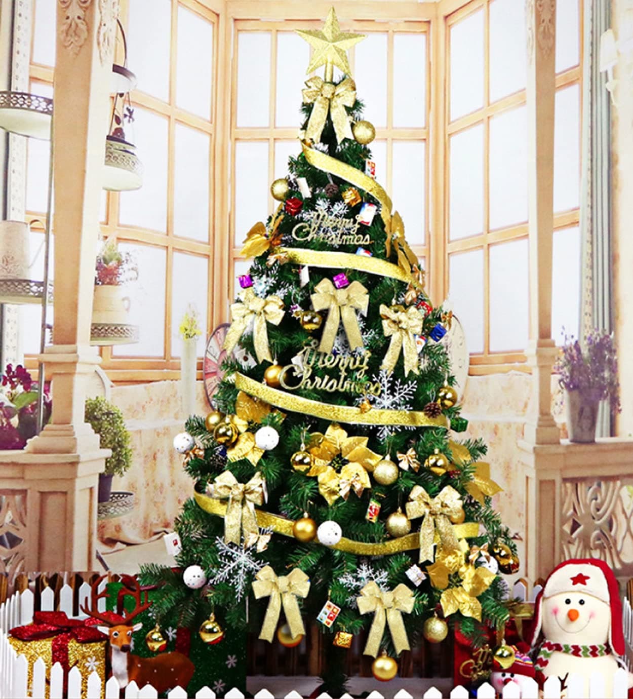 6FT/180CM Christmas Tree, Easy Assembly Premium Dense Artificial Spruce with Metal Stand 700 Branch Tips, Xmas Pine Tree with 110Pcs Gold Decorations and 10M Warm White Lights