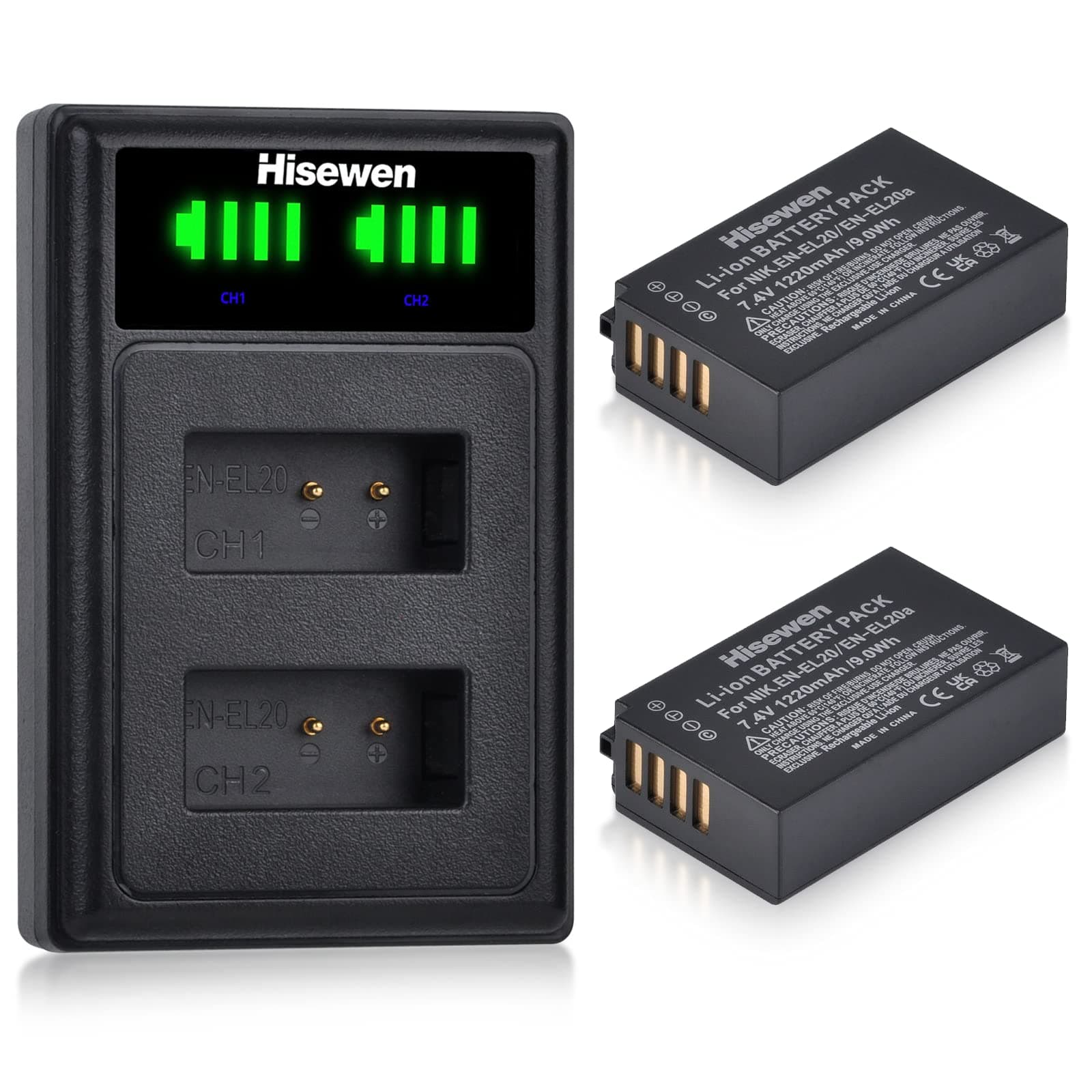 Hisewen EN-EL20 EN-EL20a Battery and Dual Charger, 2 Pack 1220mAh Replacement Battery for Nikon Coolpix P1000, P950, 1 AW1, 1 J1, 1 J2, 1 J3, 1 S1, 1 V3, DL24-500, Coolpix A Digital Camera