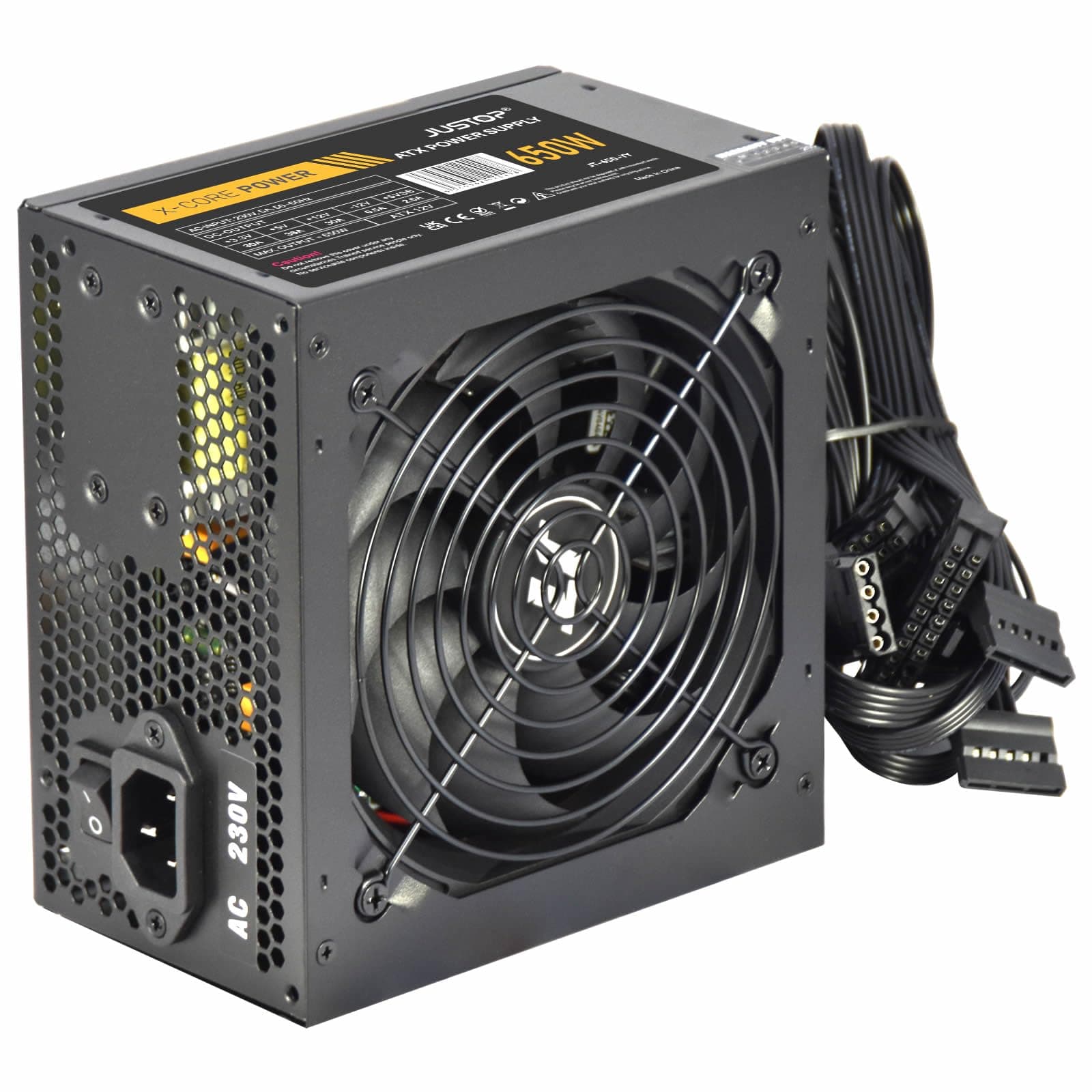 JUSTOP Black 650W PSU, ATX Switching Power Supply, Computer Desktop PC, With 120mm Fan, 8-Pin 12V, 6+2 Pin PCI-E, 6x SATA (650W)