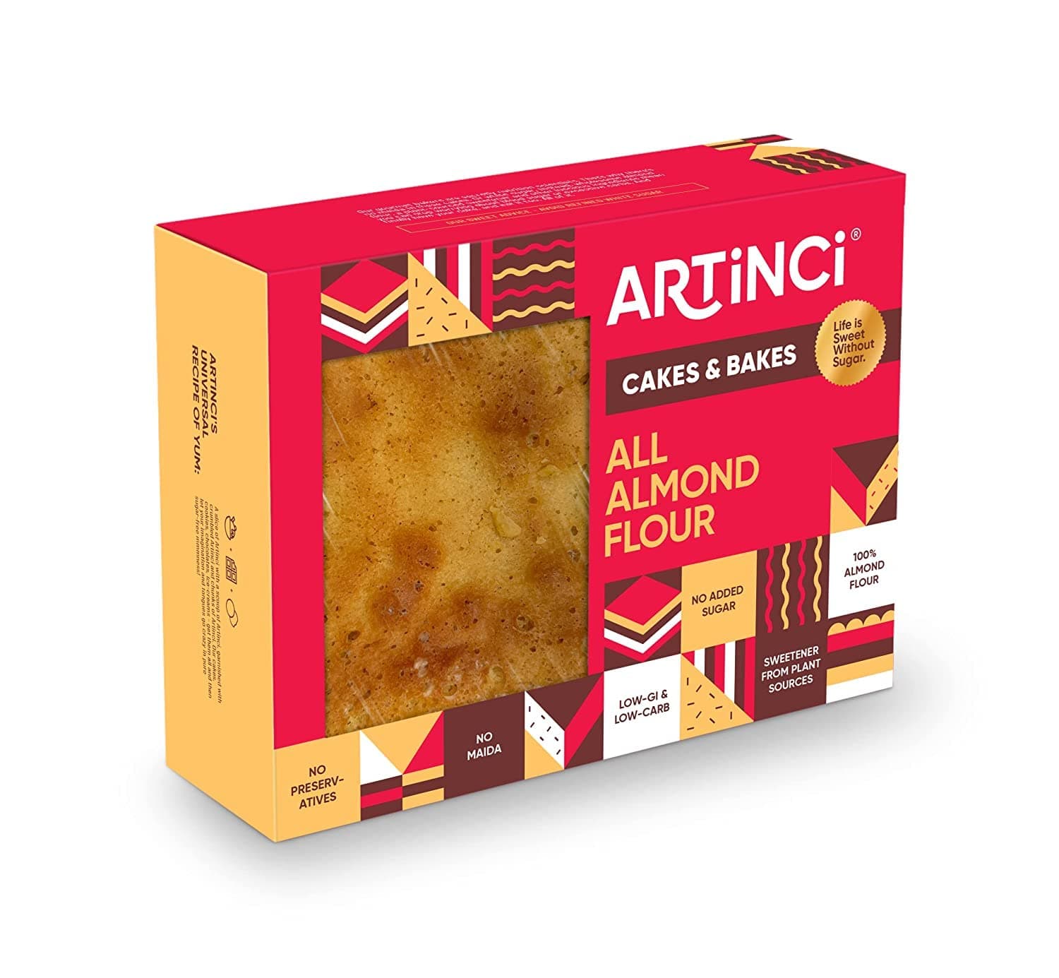 Artinci Sugar Free Almond Flour Cake (Pack of 1, 3 Servings) 150gm | Gluten Free, Low Carb, Keto & High Protein Snack | No Maida, Low GI | 5.8 g Protein per Serving |