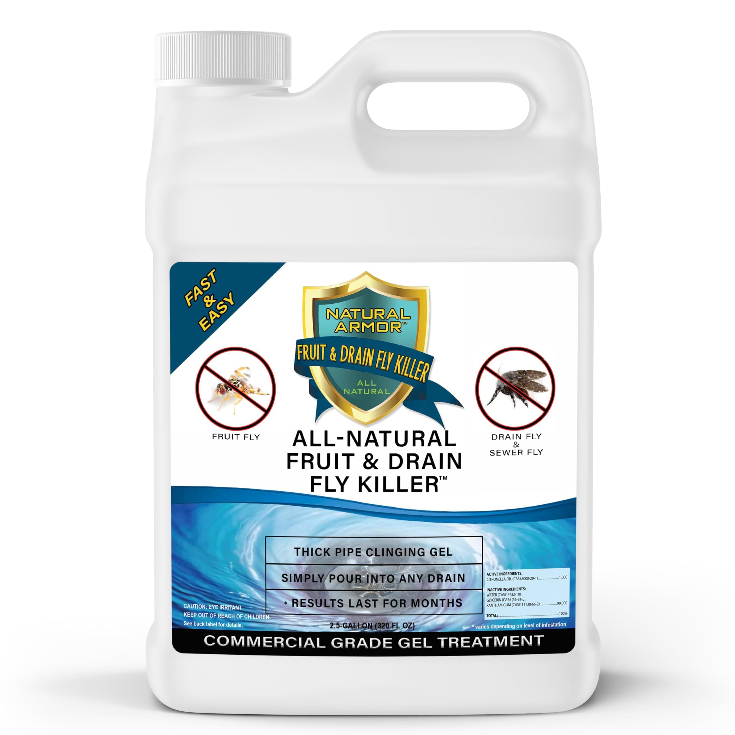 Natural Armor Fruit Fly & Drain Killer - Simple Commercial Gel Treatment – Eliminates Gross Fruit/Sewer Flies Gnat Infestations From Any Drain. Fast Easy 1 Gallon (128 Ounces)