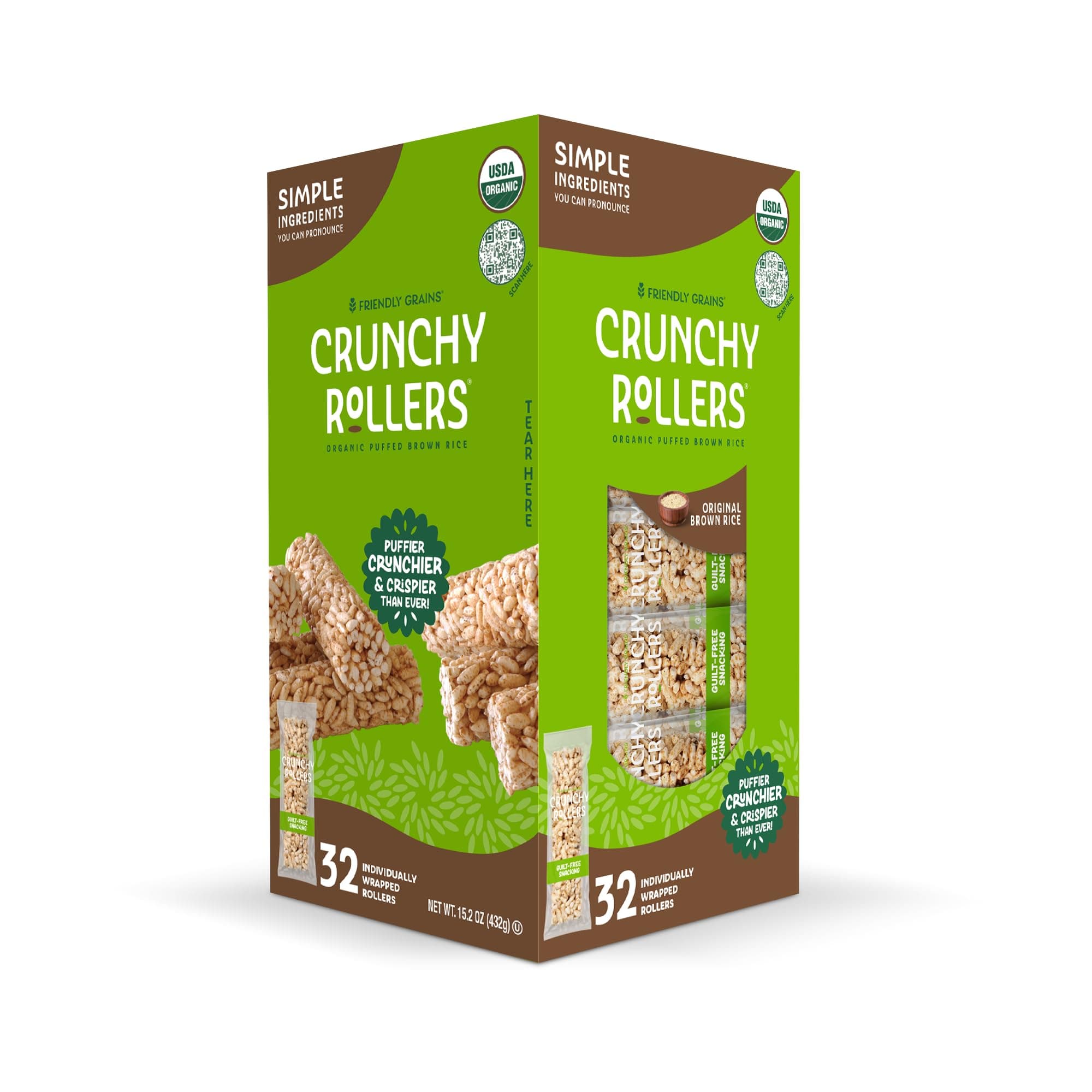 Original Brown Rice Crunchy Rollers - Organic Rice Healthy Snack Crispy Puffed Rolls for Adults and Kids - Friendly Grains (32 Count)