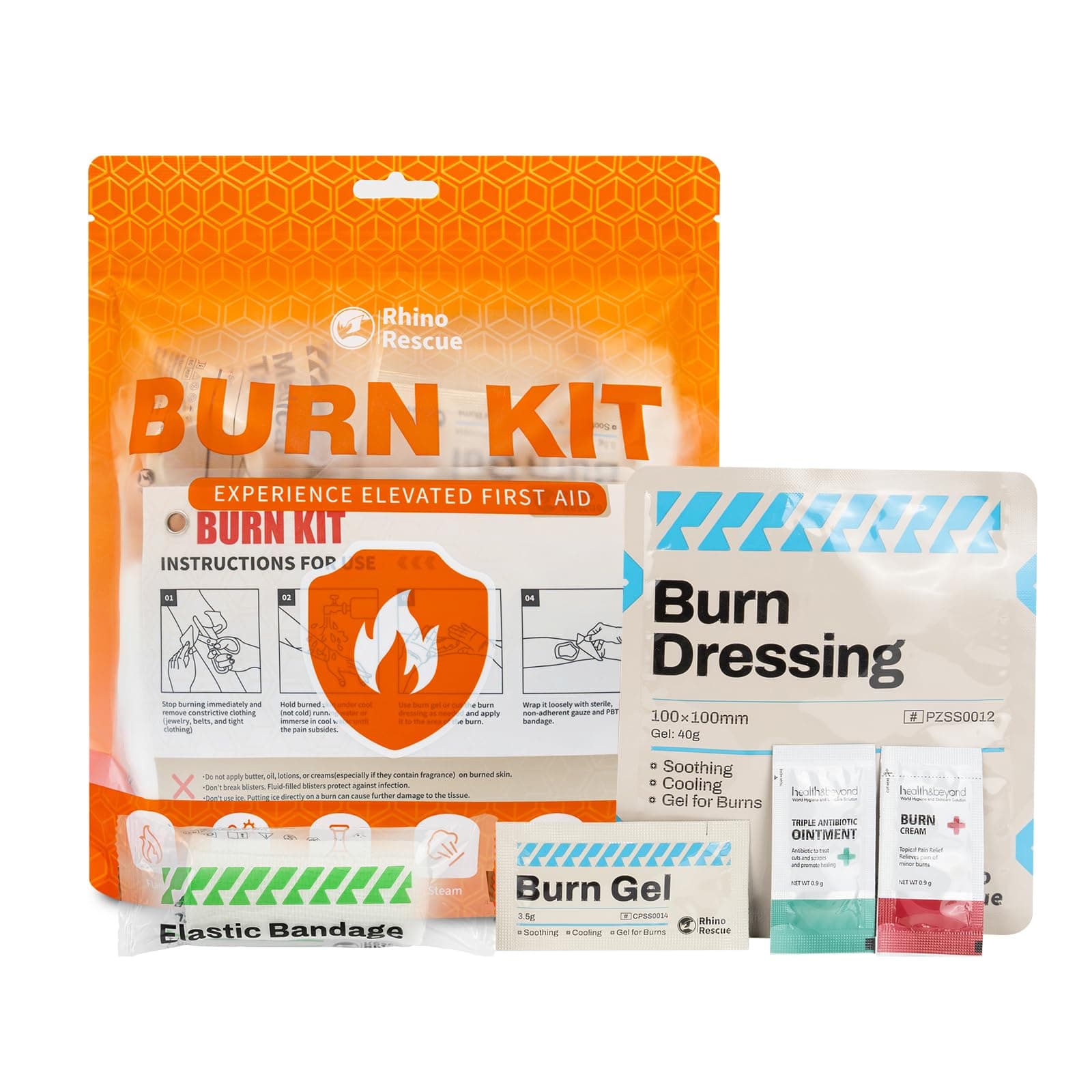 RHINO RESCUE Burn Kit, 4pcs Burn Dressings 4x4”, 8pcs Burn Gel Packets 3.5g, 4pcs Burn Pads, First Aid Kit Cooling Soothing Cream Relief with Bandage, Nitrile Gloves, Scissors, Tape