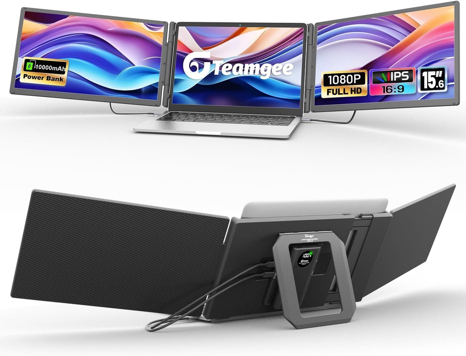 Teamgee 15.6" Laptop Screen Extender with Power Bank, FHD 1080P Triple Monitor, Driver-Free Plug & Play for 13-17" Laptops (HDMI/USB), Home Office/Small Business, Windows/Mac/Android