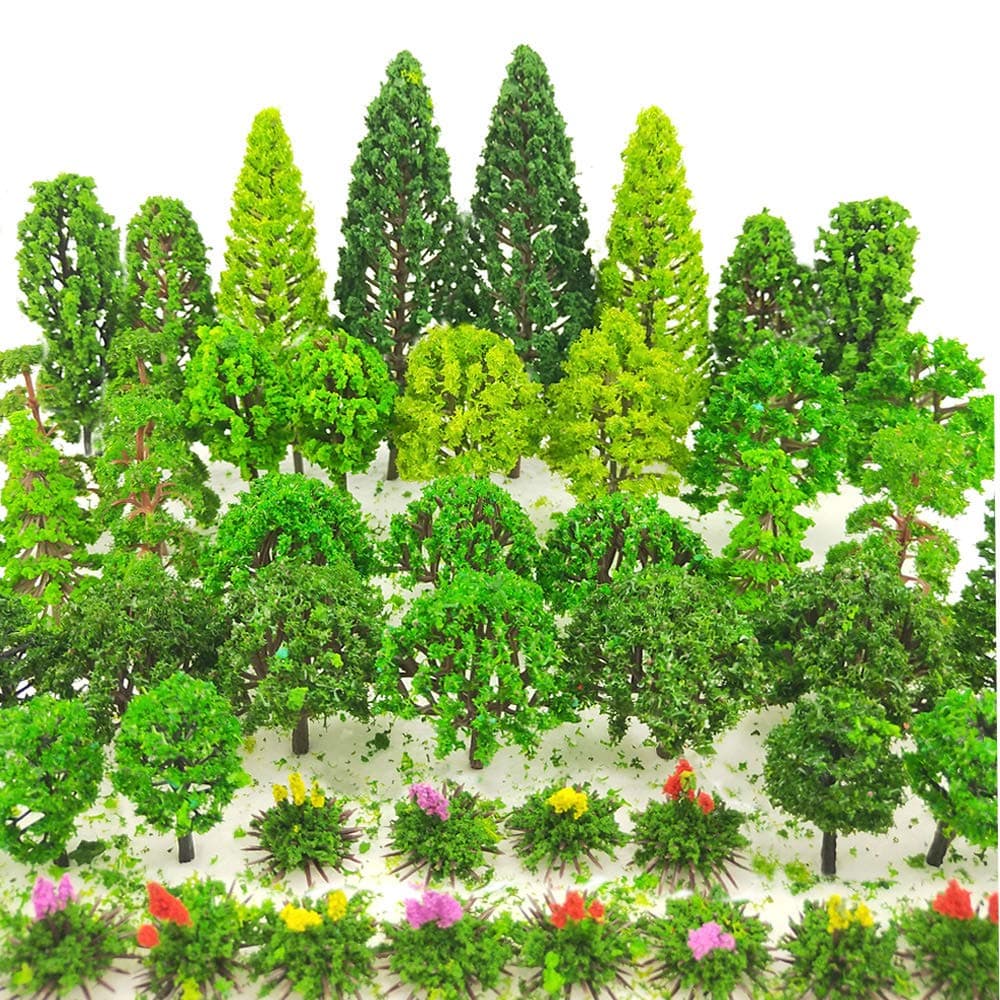 Tazimi 60 Pieces Model Trees 1.36-6 inch Mixed Model Tree Train Scenery Architecture Trees Fake Trees for DIY Crafts, Building Model, Scenery Landscape Natural Green