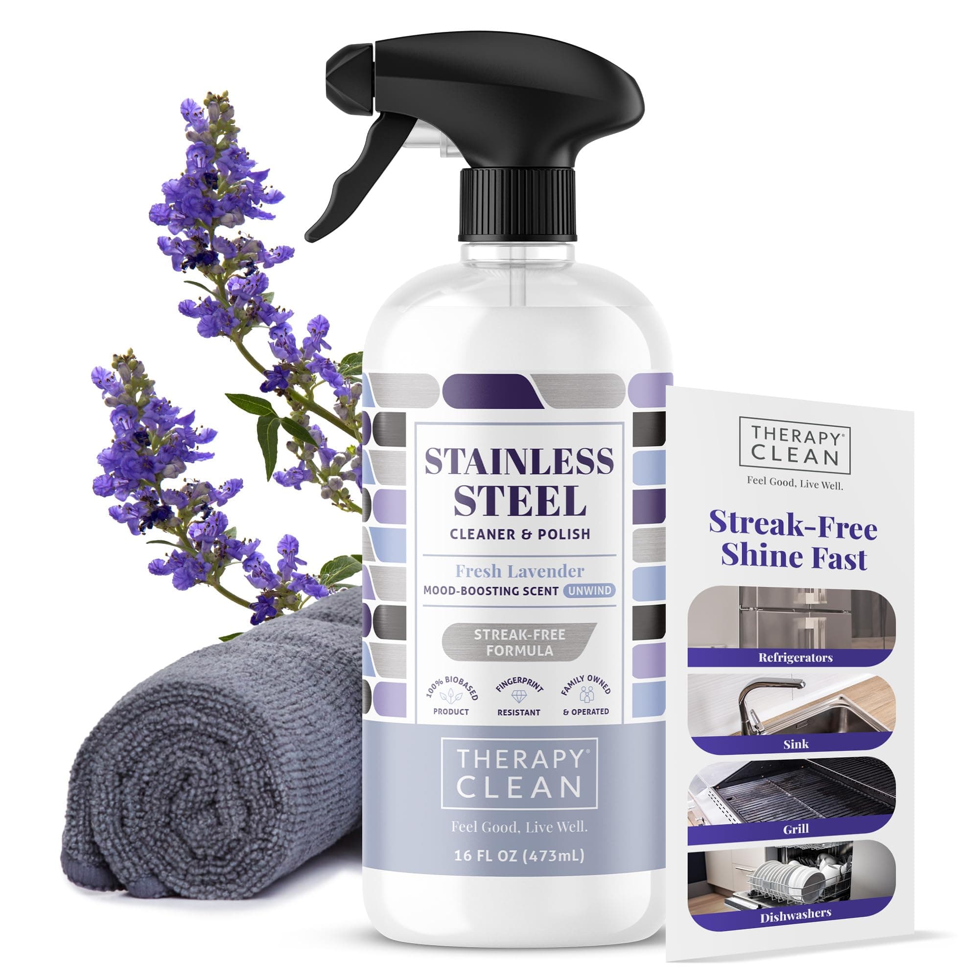 Stainless Steel Cleaner and Polish 100% USDA Biobased, Fingerprint and Residue Remover, Lavender Essential Oil Scent, Sink Cleaner, Grill Spray