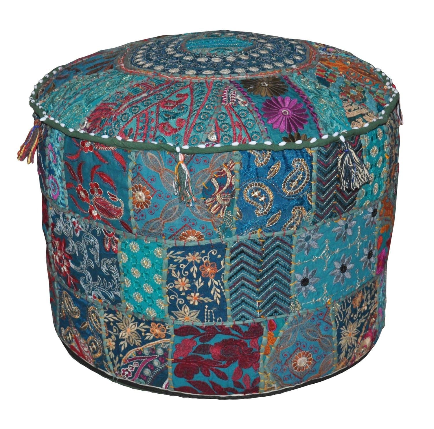 Bohemian Vintage Embroidered Pouf Ottoman Footstool Cover Indian Round Ottoman Stool Pouf Pillow, Ethnic Embroidered Pouf Cover, Indian Cotton Round Pouffe Ottoman Pouf Cover Pillow Ethnic Decor Art, 14x22 Inch Foot Stool Floor Cushion, Designs Ethnic Patchwork...14X22 by online big bazar