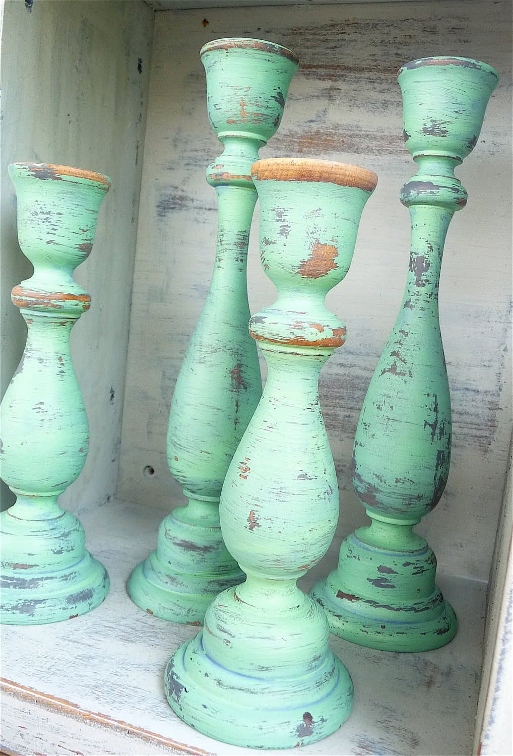 Set of 4 SHABBY CHIC Bright Mint Green Chippy Candle Holders - Rustic Candleholders - Taper Candlesticks