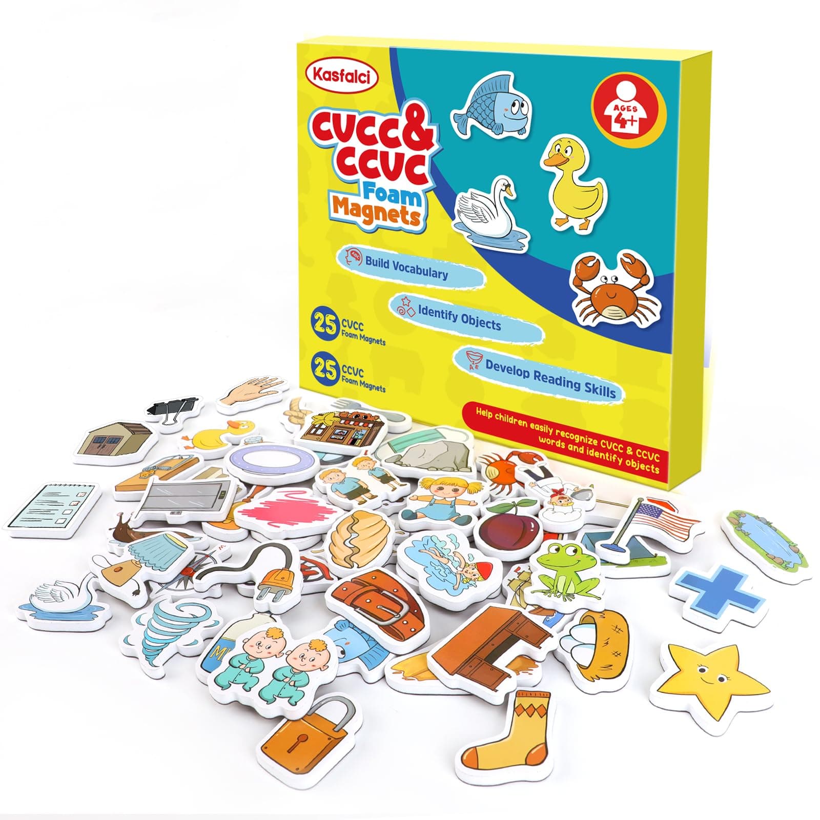 CVCC & CCVC Word Games, 50 Magnetic Foam Objects Fridge Magnets for Kids, Speech Therapy Toys for Toddler, Learn to Read Spelling Reading Learning Phonics for Preschool Kindergarten Classroom