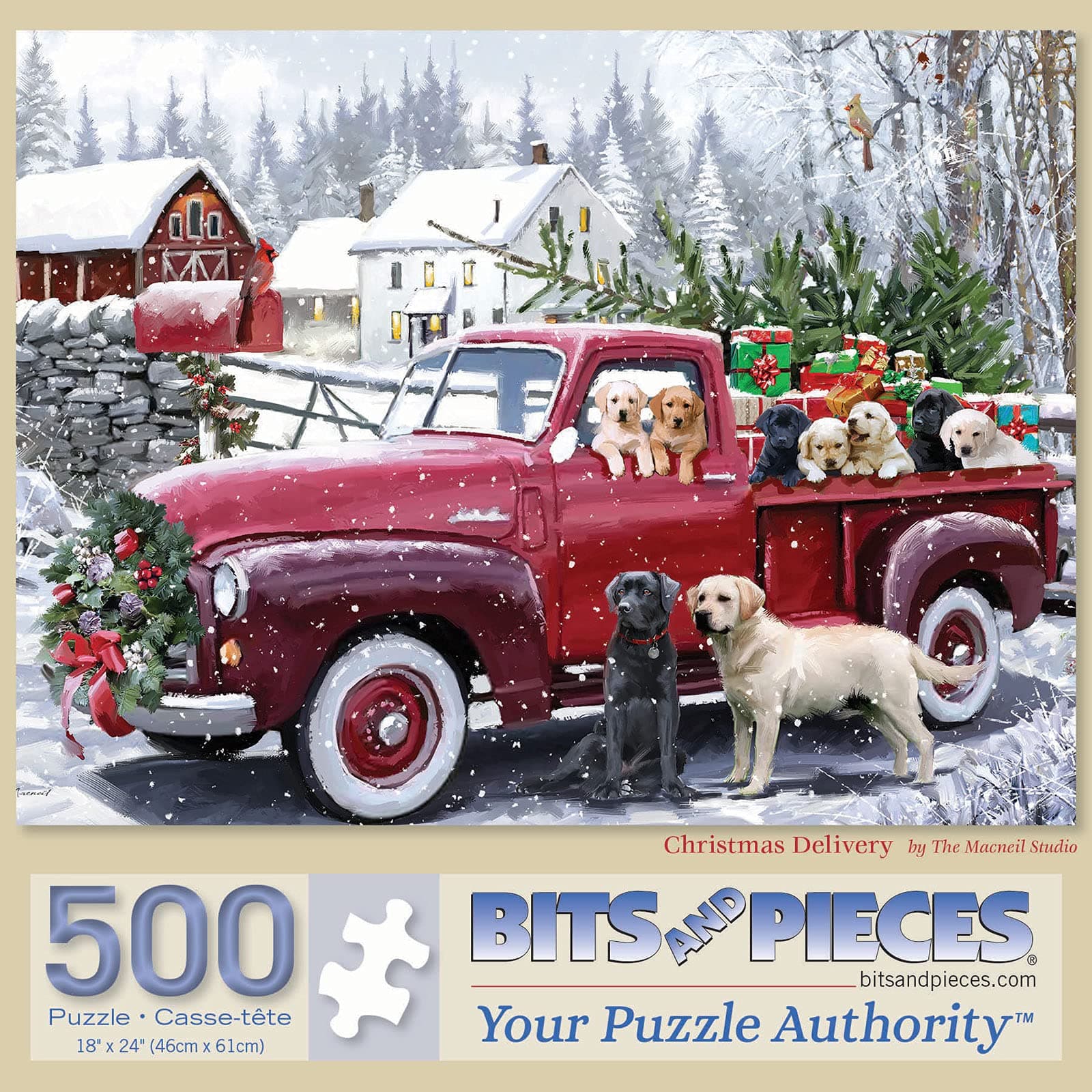 Bits and Pieces – 500 Piece Jigsaw Puzzle for Adults - ‘Christmas Delivery’ - Holiday Winter Dogs Large Piece Jigsaw by The Macneil Studio Artists