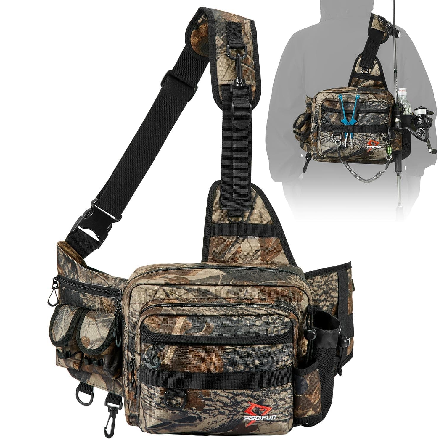 Piscifun Fishing Tackle Bag with Rod & Gear Holder, Lightweight Sling Tackle Storage Bag, Water-Resistant Cross Body Sling Bag with D-Rings and Waist Strap, Available in Black, Khaki, Camo