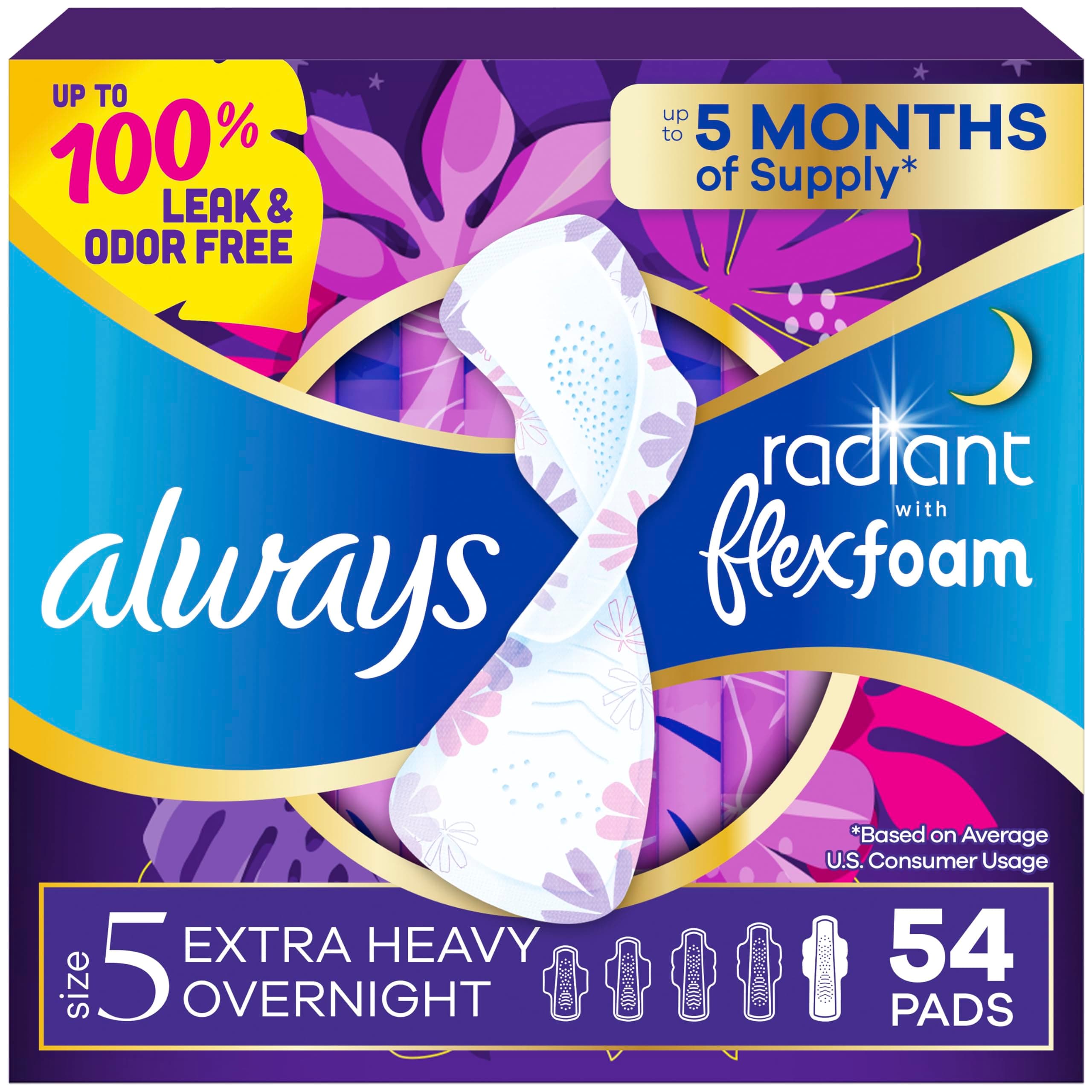 Always Radiant Feminine Pads For Women, Size 5 Extra Heavy Overnight Absorbency, Multipack, With Flexfoam, With Wings, Scented, 18 Count X 3 Packs (54 Count Total)