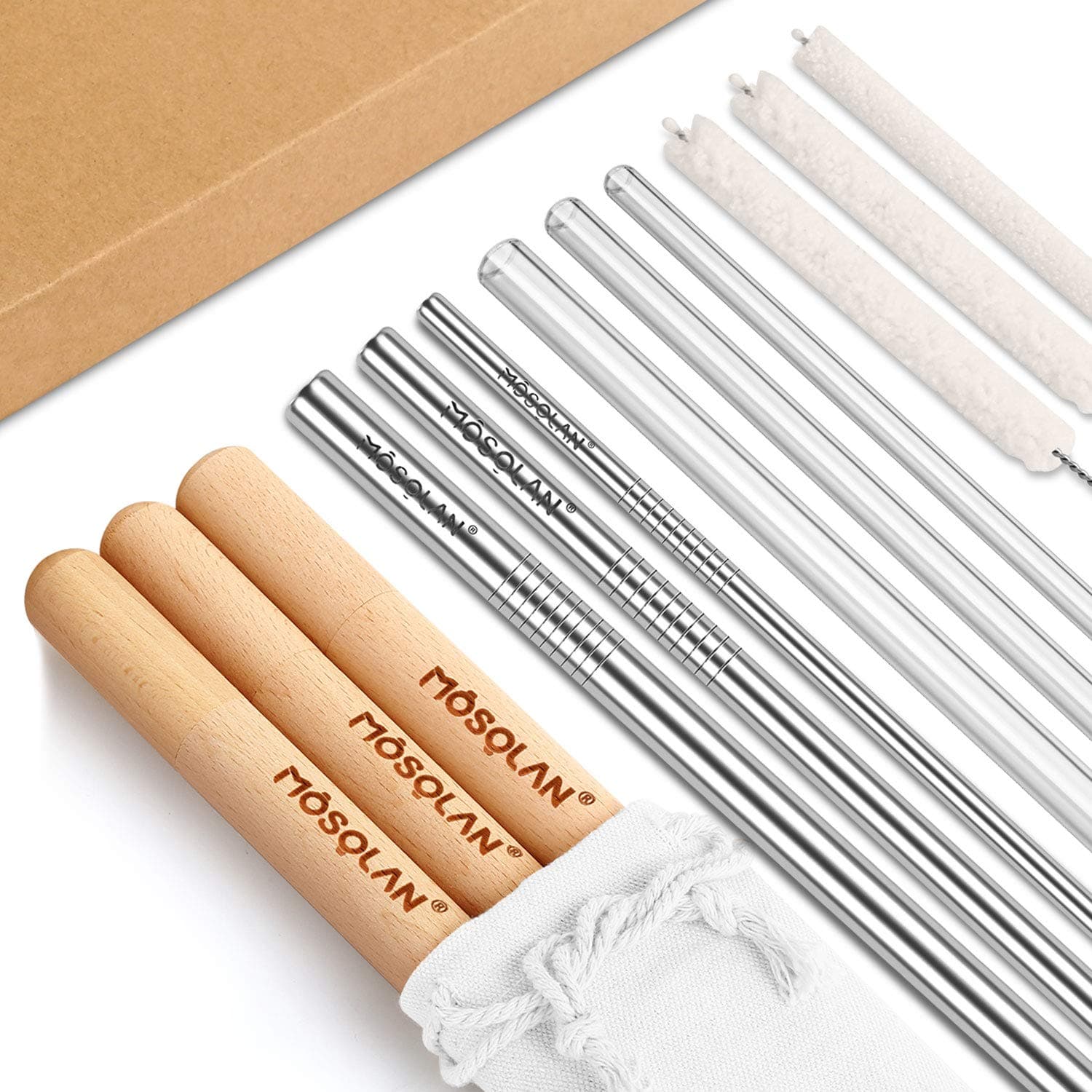 Reusable Glass Straws with Case: 3 Metal Straws + 3 Glass Straws + 3 Wooden Cases + 3 Cotton Cleaning Brushes + 1 Pouch, 8.5 Inches Portable Travel Drinking Straw for Personal Use (3 Glass Straws)
