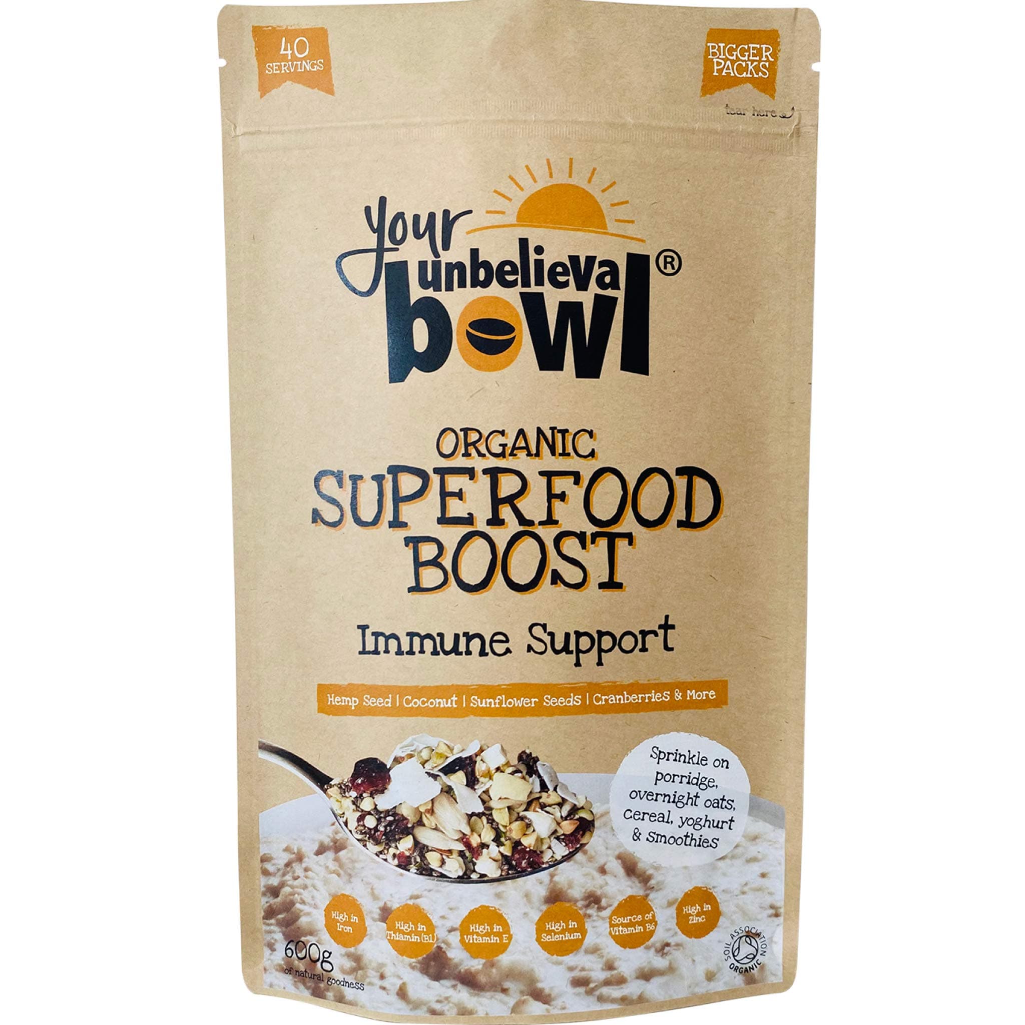 Your UnbelievaBowl - Organic Superfood Boost (Immune Support) 600g, 40 Servings, 45p Per Serving, Gluten Free, Chia, Hemp & Sunflower Seeds, Buckwheat, Coconut, Cranberries, Cashews, Cinnamon