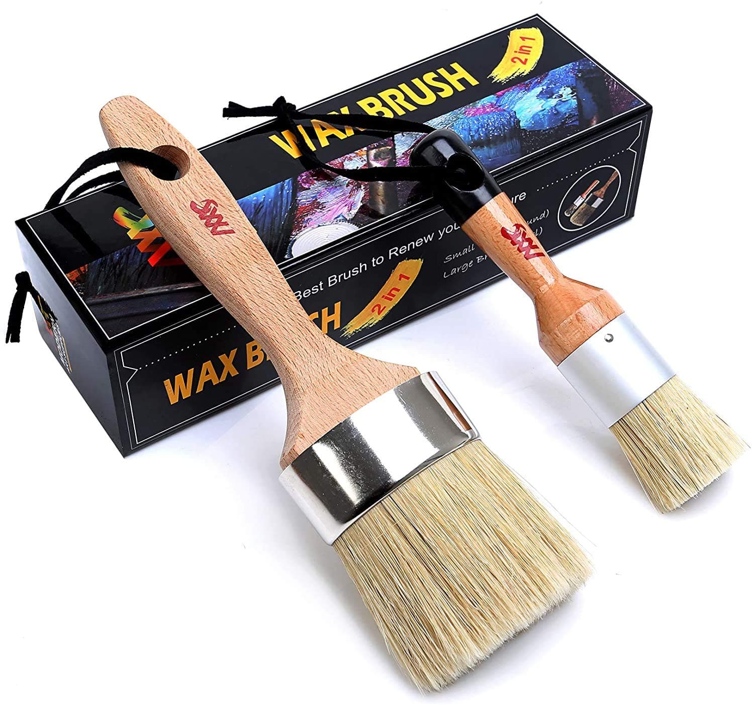 Chalk Paint Brushes Set, Pack of 2 Wax Brush - 2.5 Inches Large, Natural Bristles, Perfect for Furniture Painting, Stencils, Waxing - No Shedding, Superior Paint Pick-Up & Release