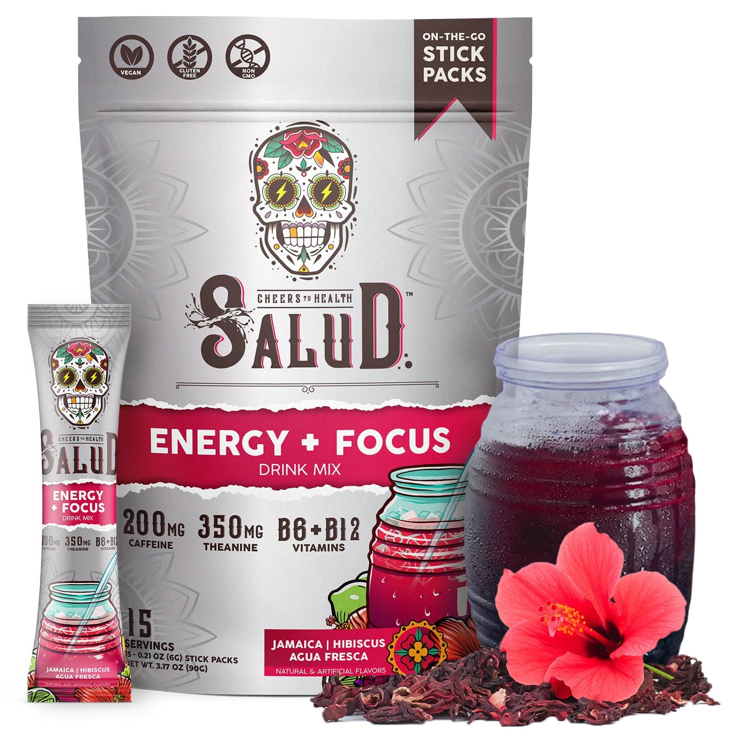 Salud 2-in-1 Energy Drink Powder + Focus, Hibiscus, Organic Caffeine, B6 + B12, Theanine, Clean Energy Drink Packets, Jamaica Agua Fresca Mix, Non-GMO, Gluten Free, Vegan, 1g of Sugar, (15 Servings)