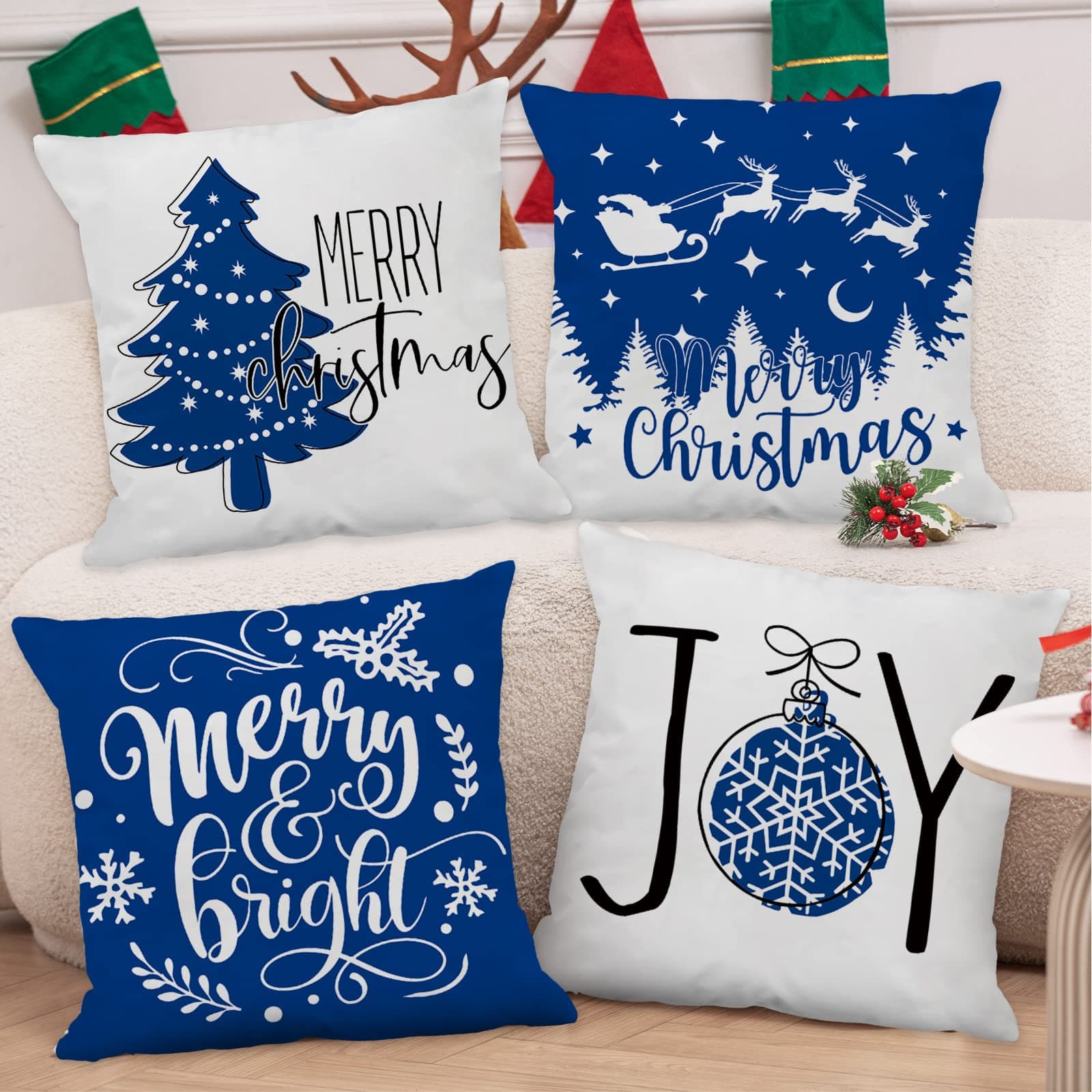 AnyDesign Christmas Pillow Covers Blue Xmas Joy Throw Pillow Case 18 x 18 Inch Short Velvet Xmas Tree Reindeer Cushion Covers for Home Sofa Couch Farmhouse Decoration, Set of 4