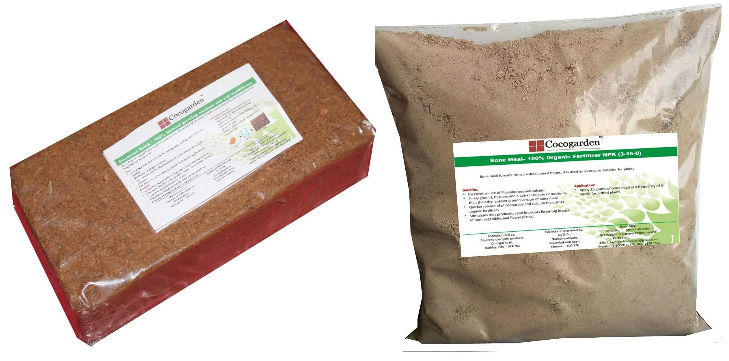 Cocogarden Cocopeat Brick - Expands to 3.5 Kg Powder & Cocogarden Steamed Bone Meal- Organic Npk(3-15-0) Fertilizer - 900 GMS
