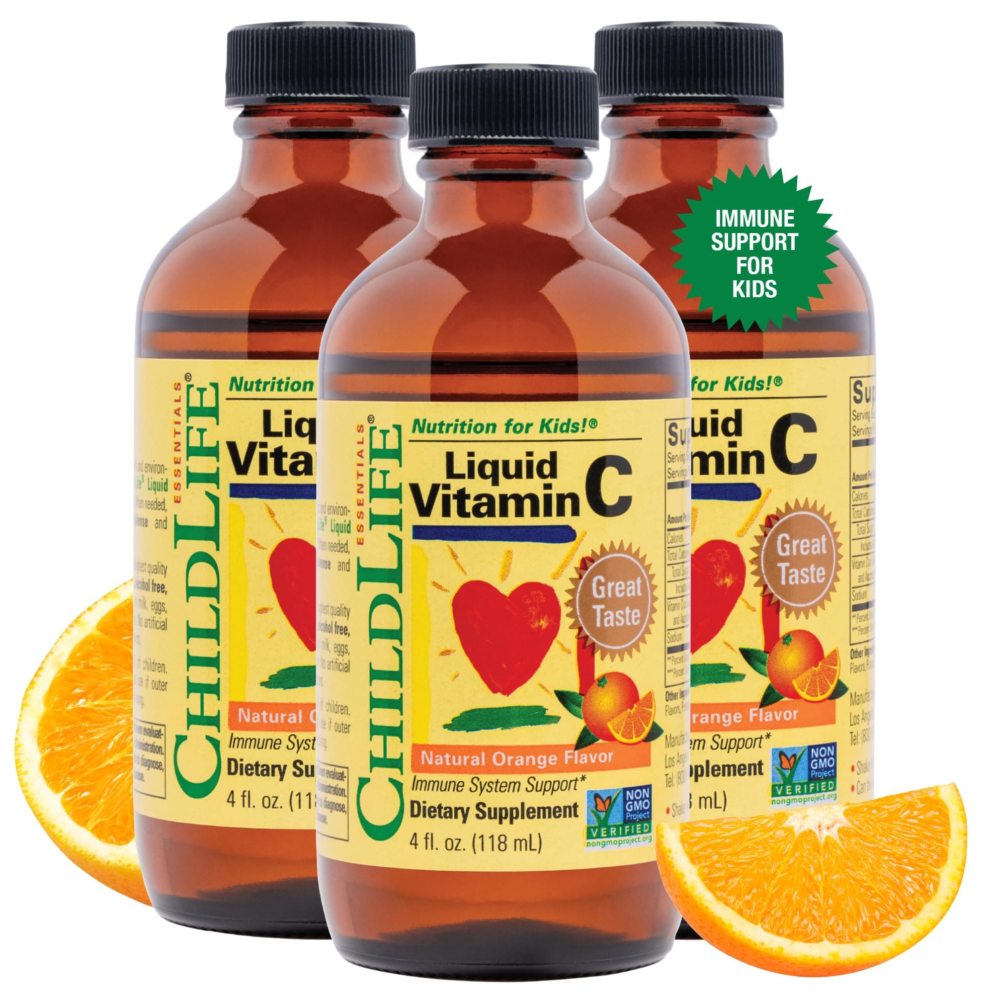 CHILDLIFE ESSENTIALS Liquid Vitamin C - Pure Vitamin C Liquid Supplement for Kids, Immune System Support, Great Taste - Natural Orange, 4 Fl Oz (Pack of 3)