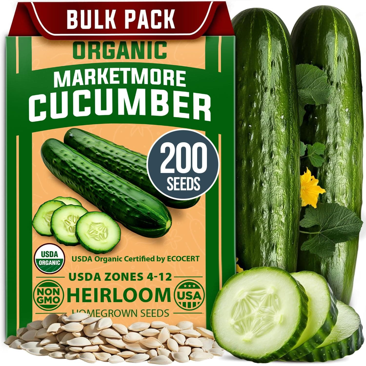 Organic Marketmore Cucumber Seeds 200+ Heirloom Non-GMO Seeds for Planting, High Germination, Hardy & Vigorous Slicing Cucumber, Trellis & Raised Bed Garden (Cucumis sativus)