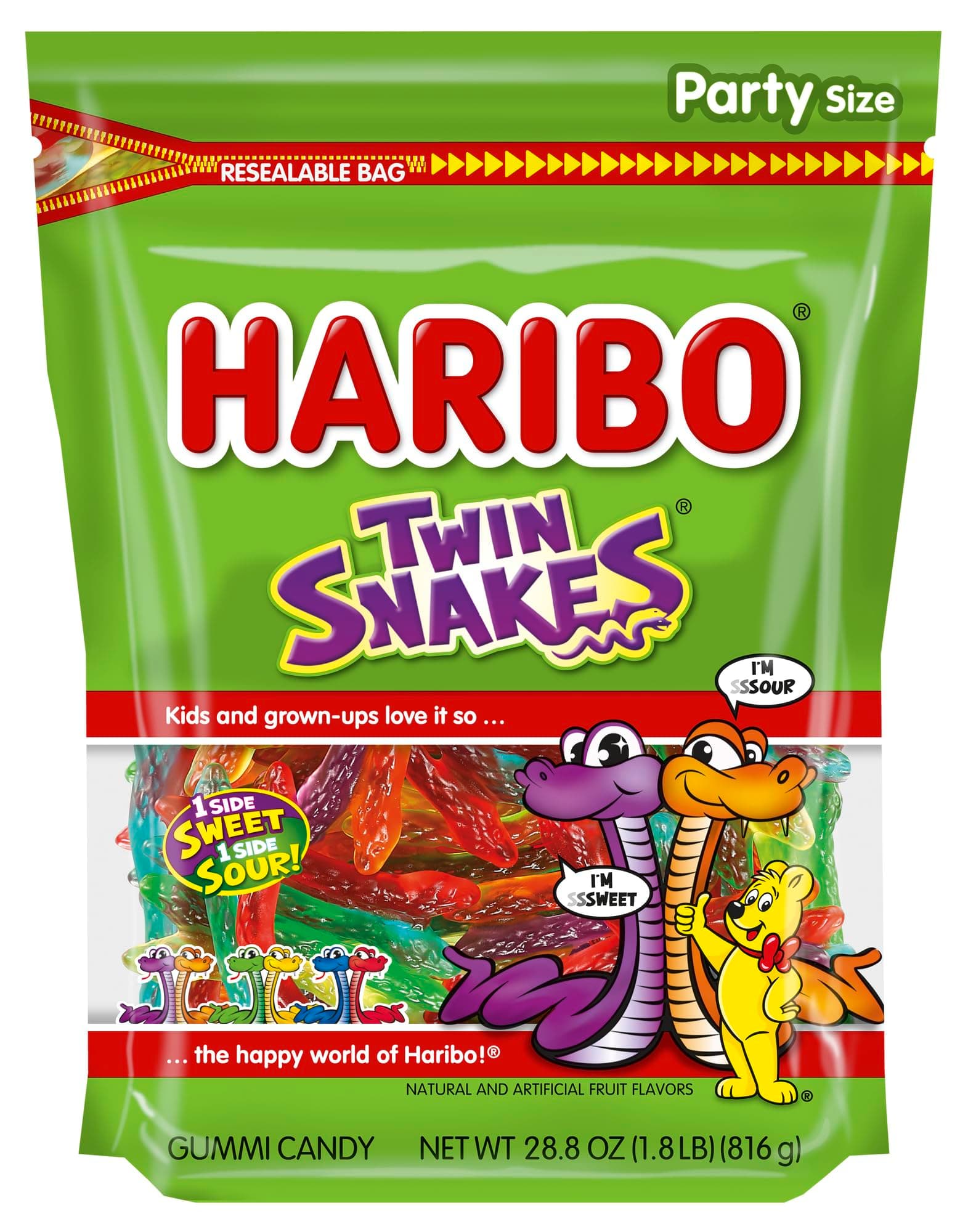 Gummi Candy, Twin Snakes Sweet & Sour Gummy Candy, 28.8 Ounce Resealable Party Size Stand Up Bag, Soft & Chewy Snacks, Assorted Fruity Flavors