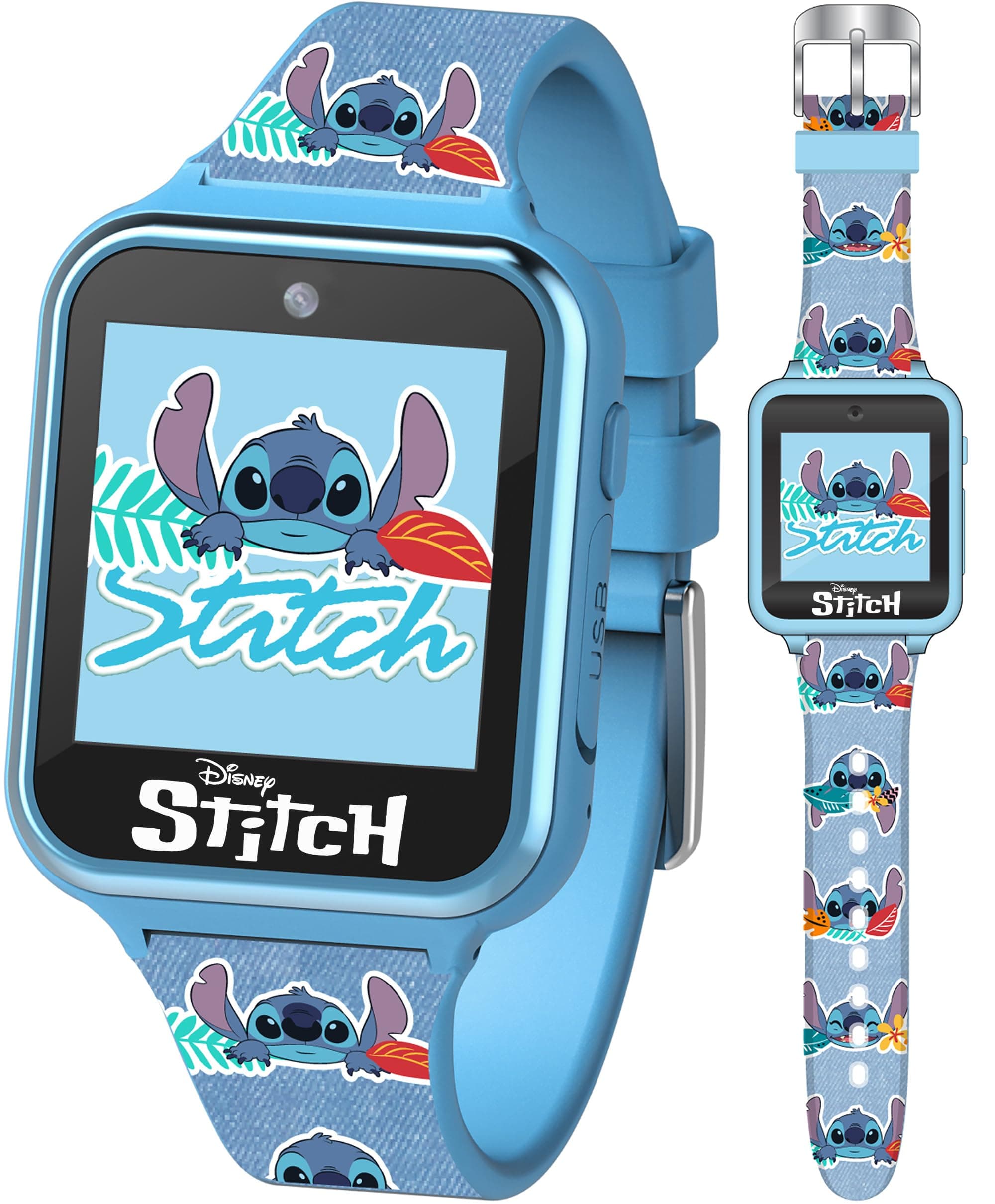 Disney Stitch Kids Smart Watch with 10 Customizable Faces, Camera, Voice Recorder, Calculator, and Step Counter – Touchscreen Interactive Watch for Kids – Blue Silicone Strap