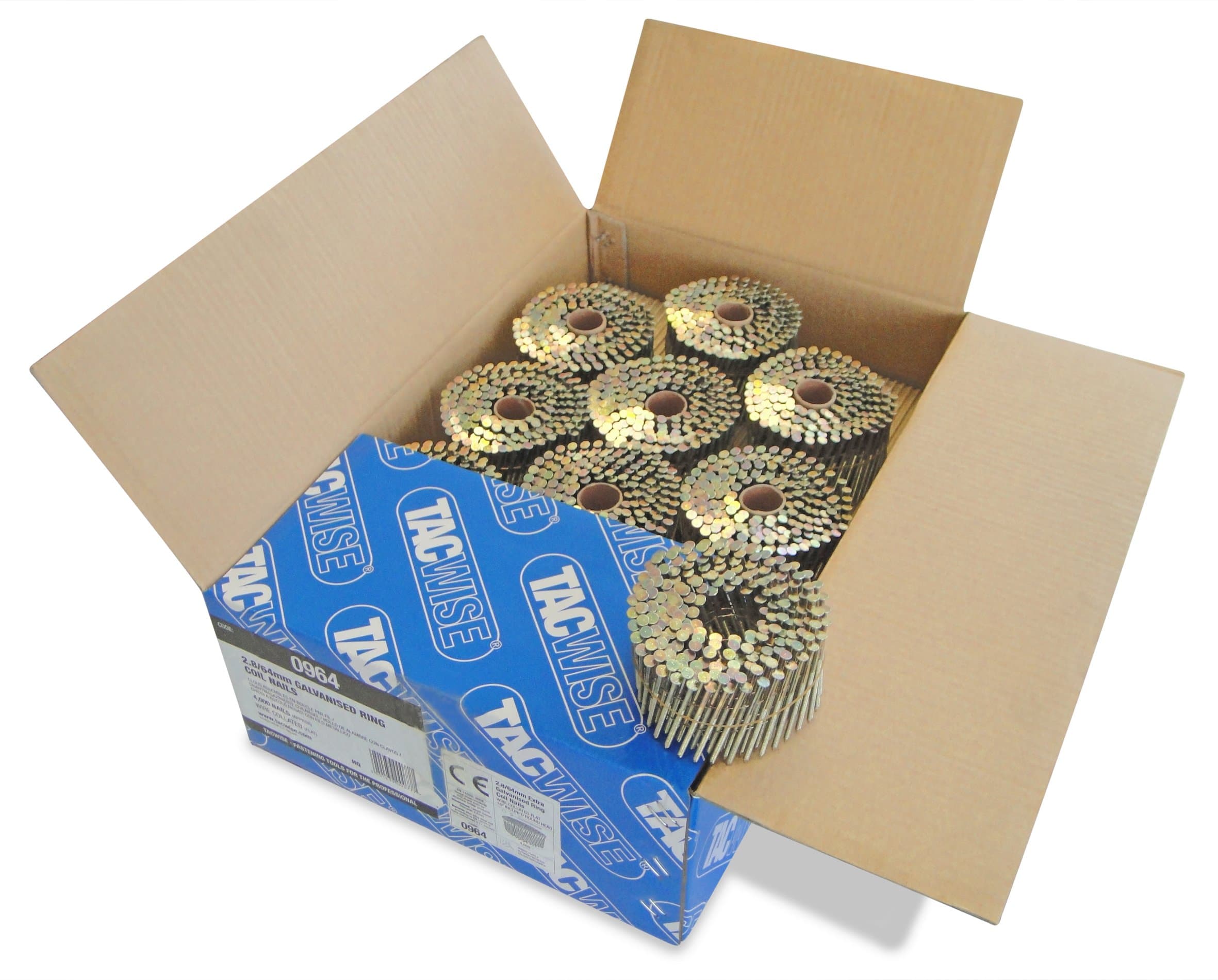 Tacwise 0964 Extra Galvanised Flat Top Coil Nails Type 2.8 x 64 mm, Diamond Point, Ring Shank, 16° Inclined, Wire Collated, Pack of 4000